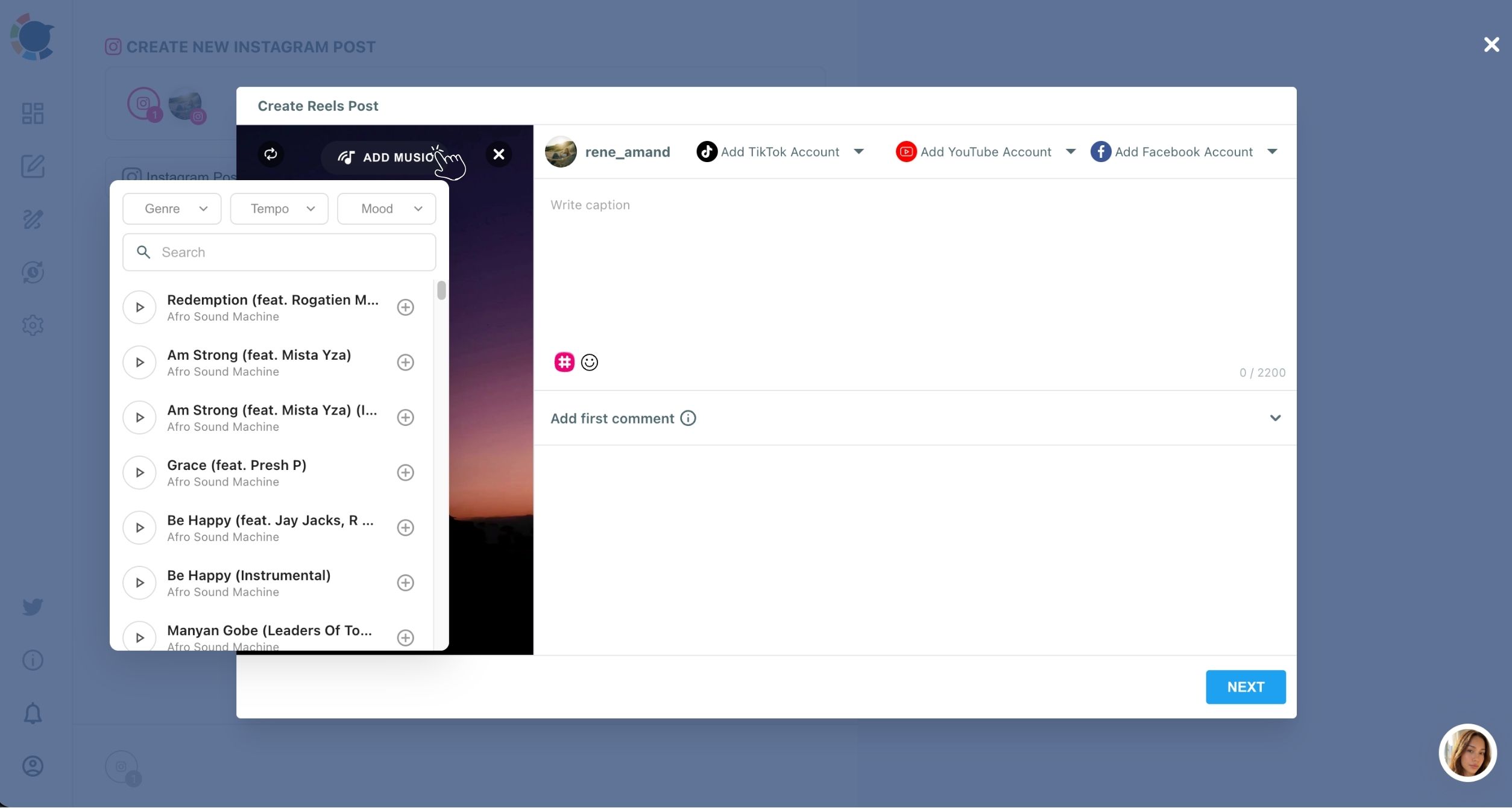 Create Reels Post window with the cursor on Add Music and the track list beside the caption and Add first comment fields.
