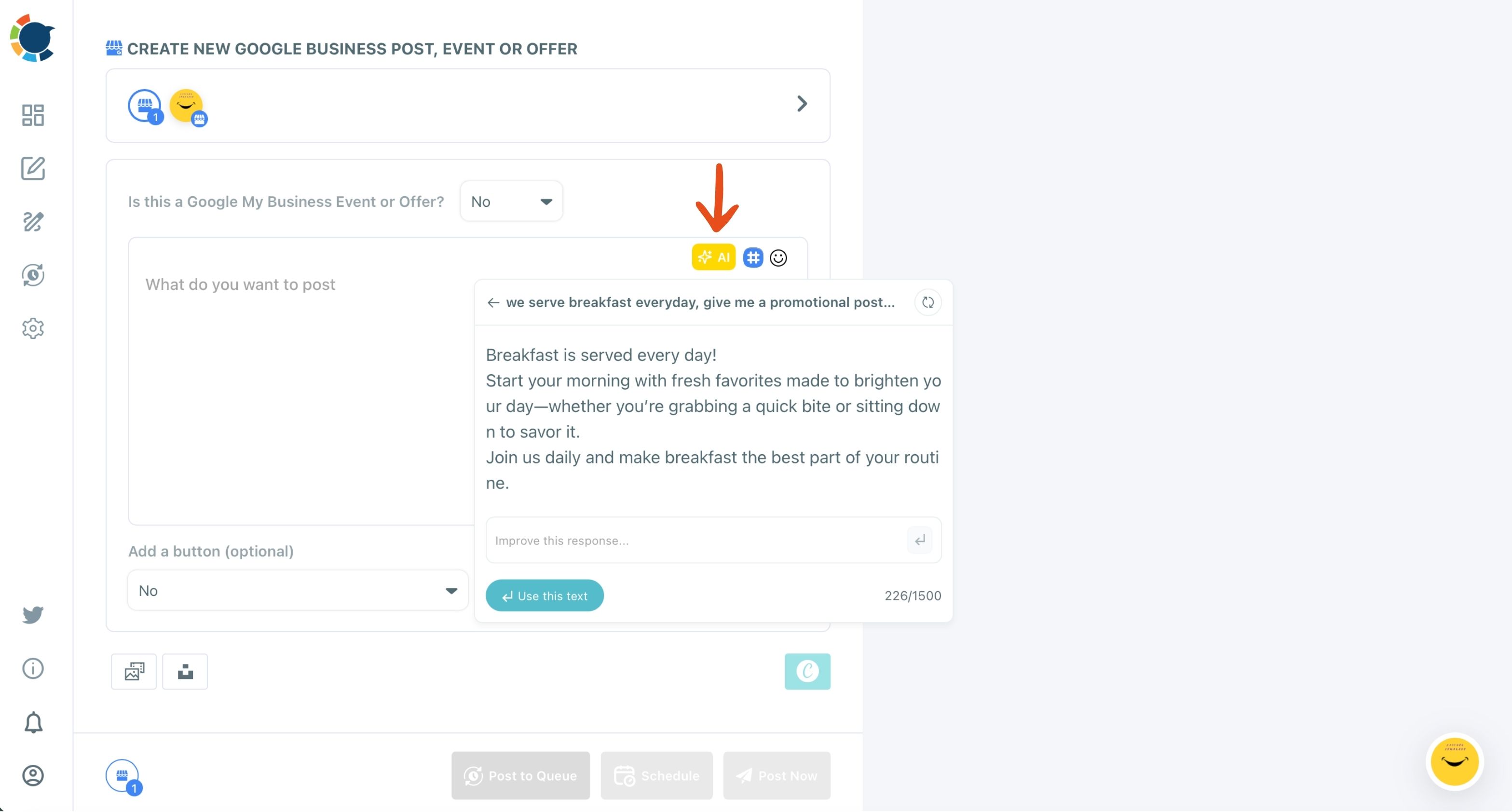 Google Business Profile composer with an arrow on the AI button and an AI-written breakfast post, 226 of 1500 characters.