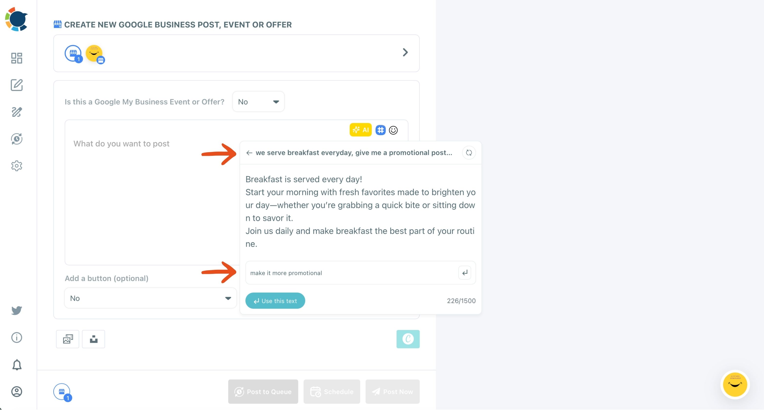 Google Business composer with a breakfast post drafted by AI and the instruction make it more promotional typed below it.