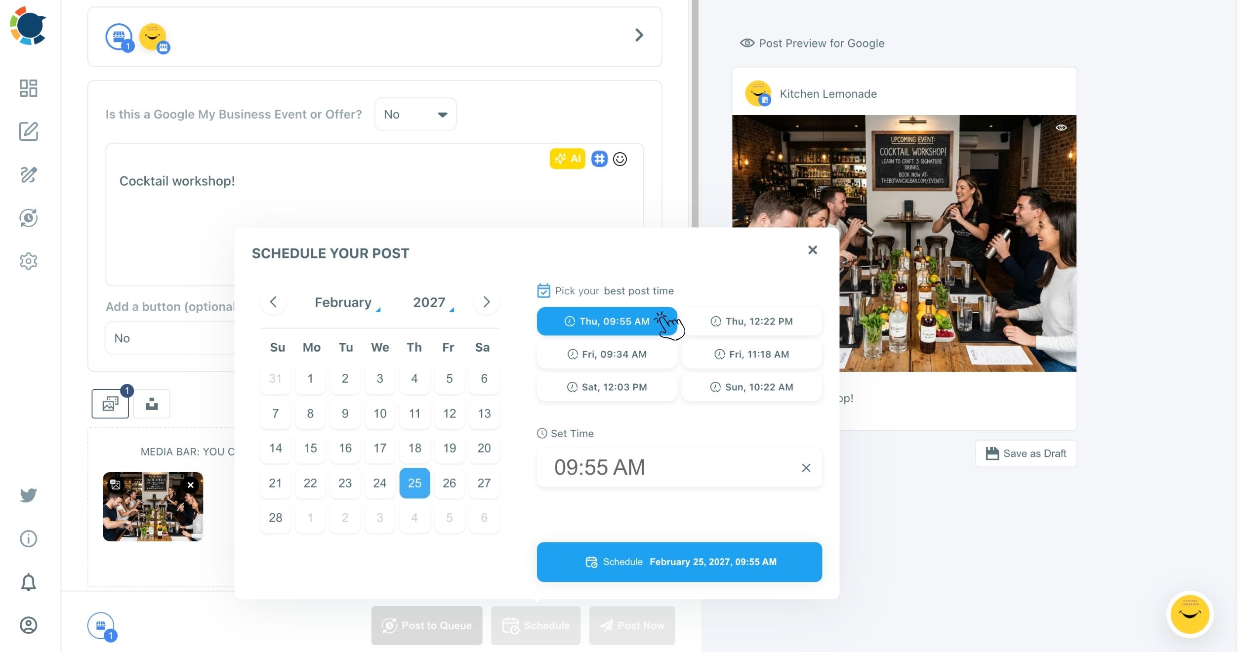 Schedule modal over a Google Business Profile post, with the cursor picking the suggested Thu, 09:55 AM slot.