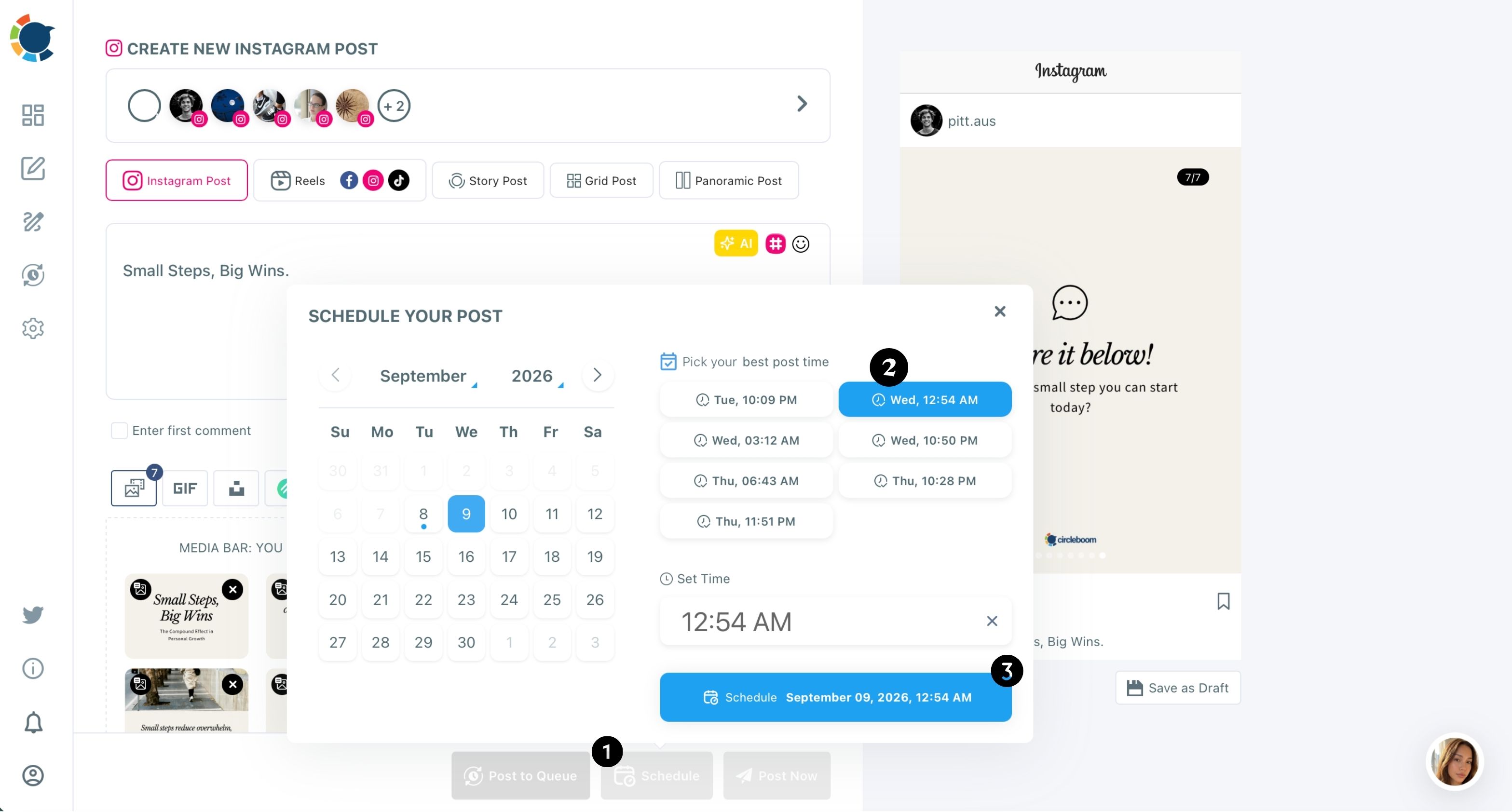 Instagram composer with numbered markers on the Schedule button, a suggested best time and the final Schedule button.