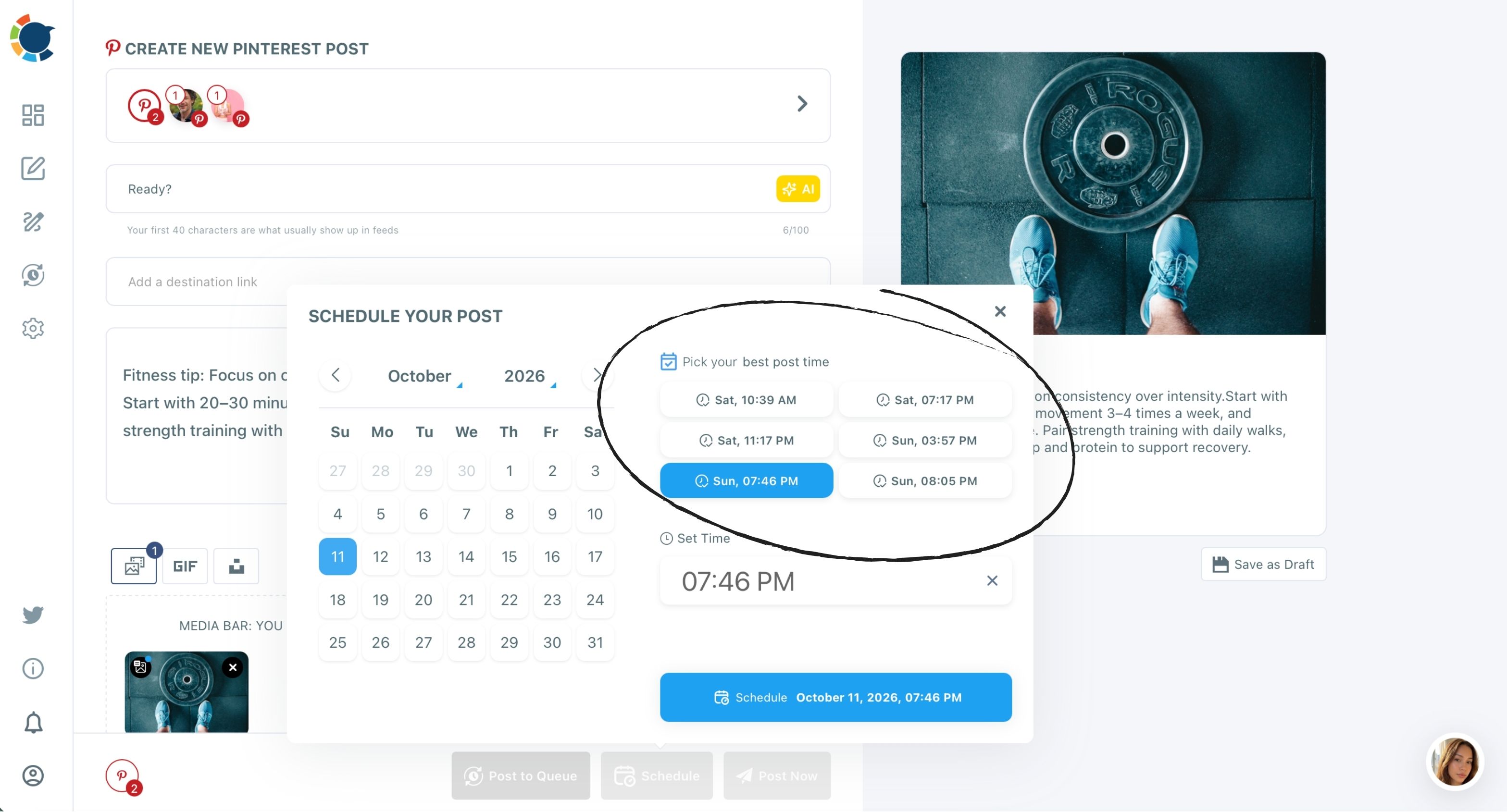 Pinterest fitness pin in the Schedule modal with suggested best post times circled and a Sunday slot selected.