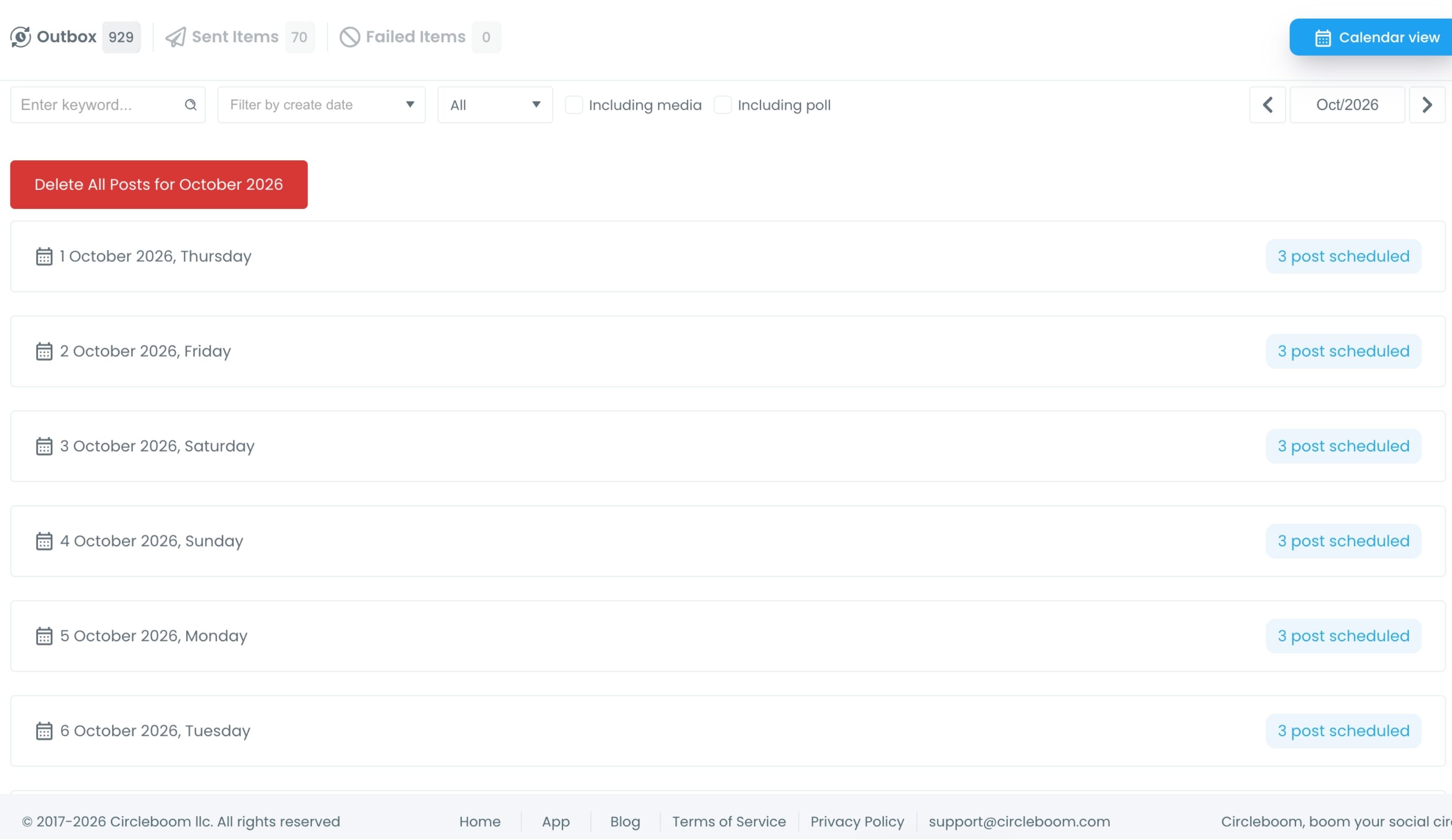 Outbox list view grouped by day, with three posts scheduled for each day in early October.