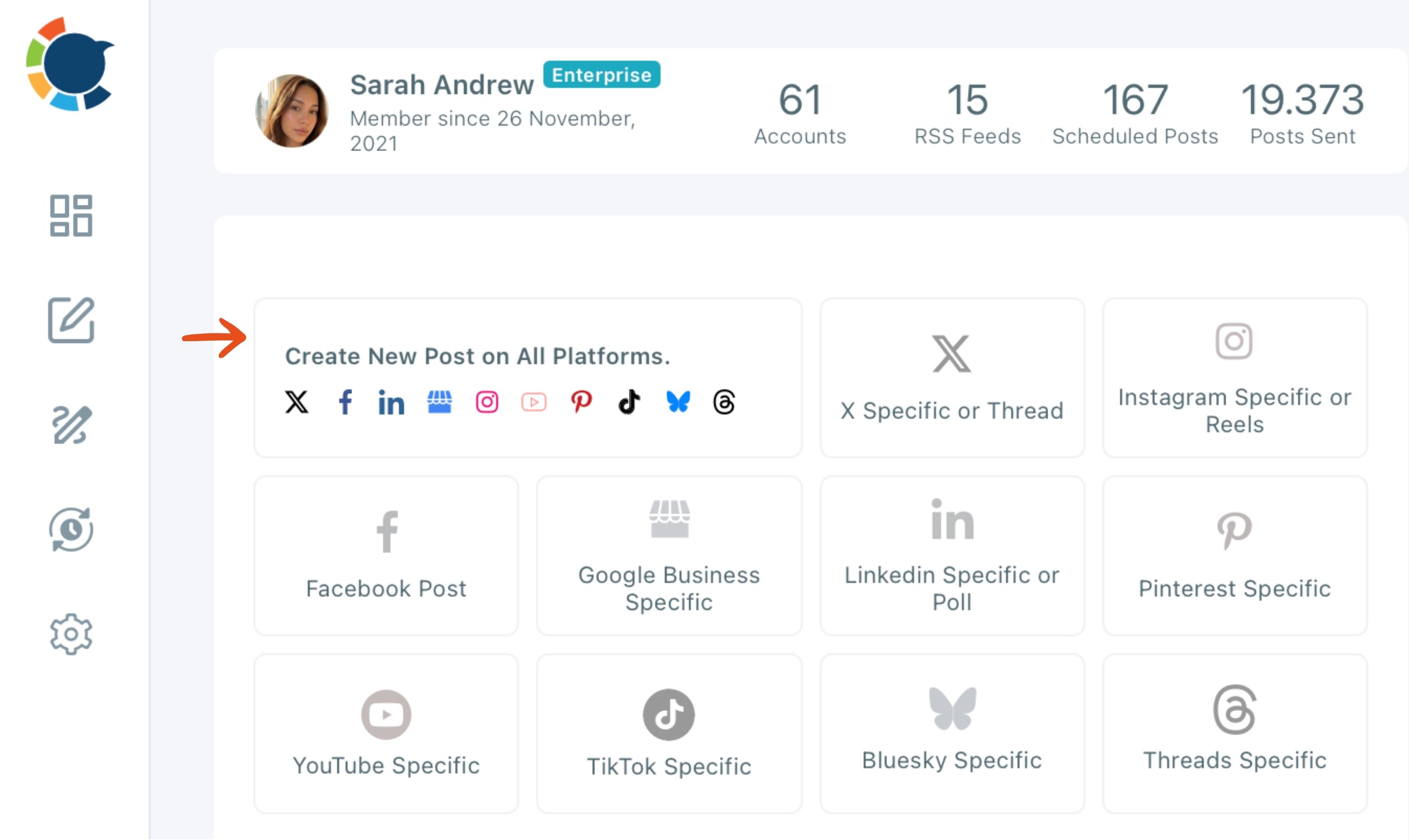 Circleboom Publish dashboard with an arrow on the Create New Post on All Platforms card next to the platform-specific post cards.