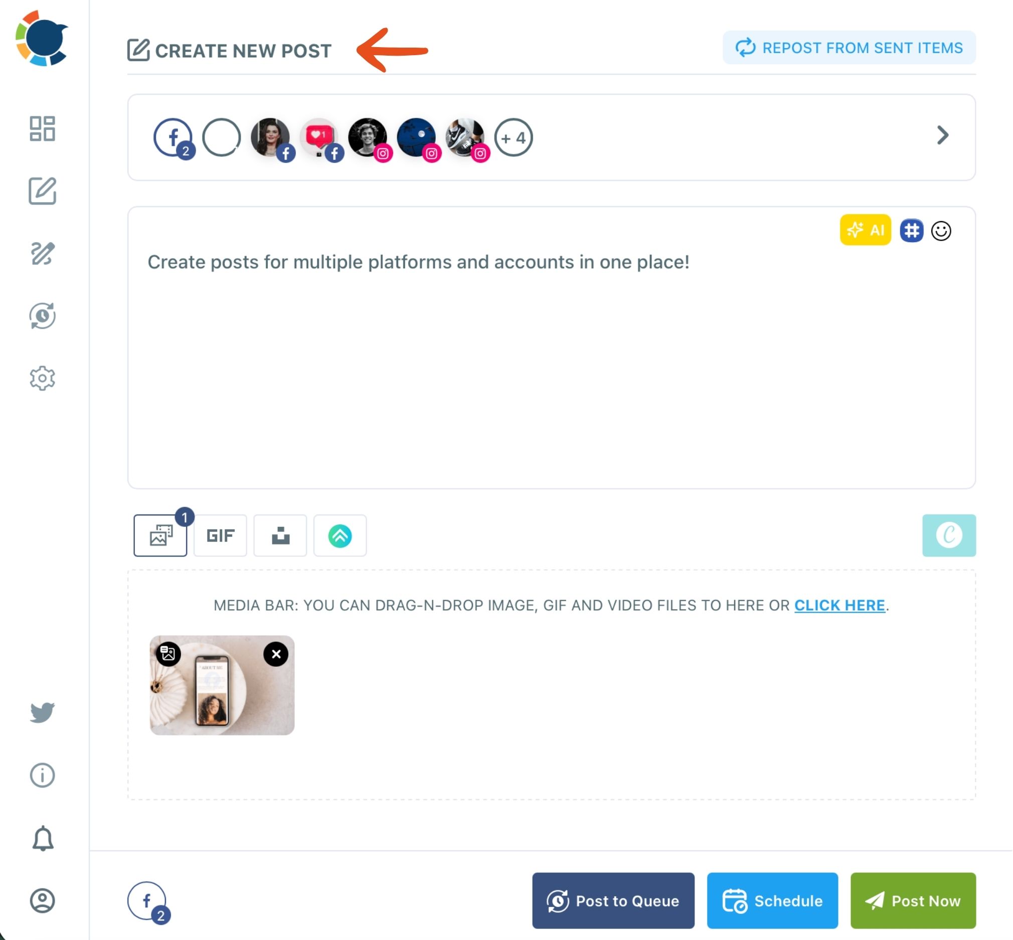 Create New Post composer with Facebook and Instagram accounts selected, an image attached and the Post to Queue, Schedule and Post Now buttons.