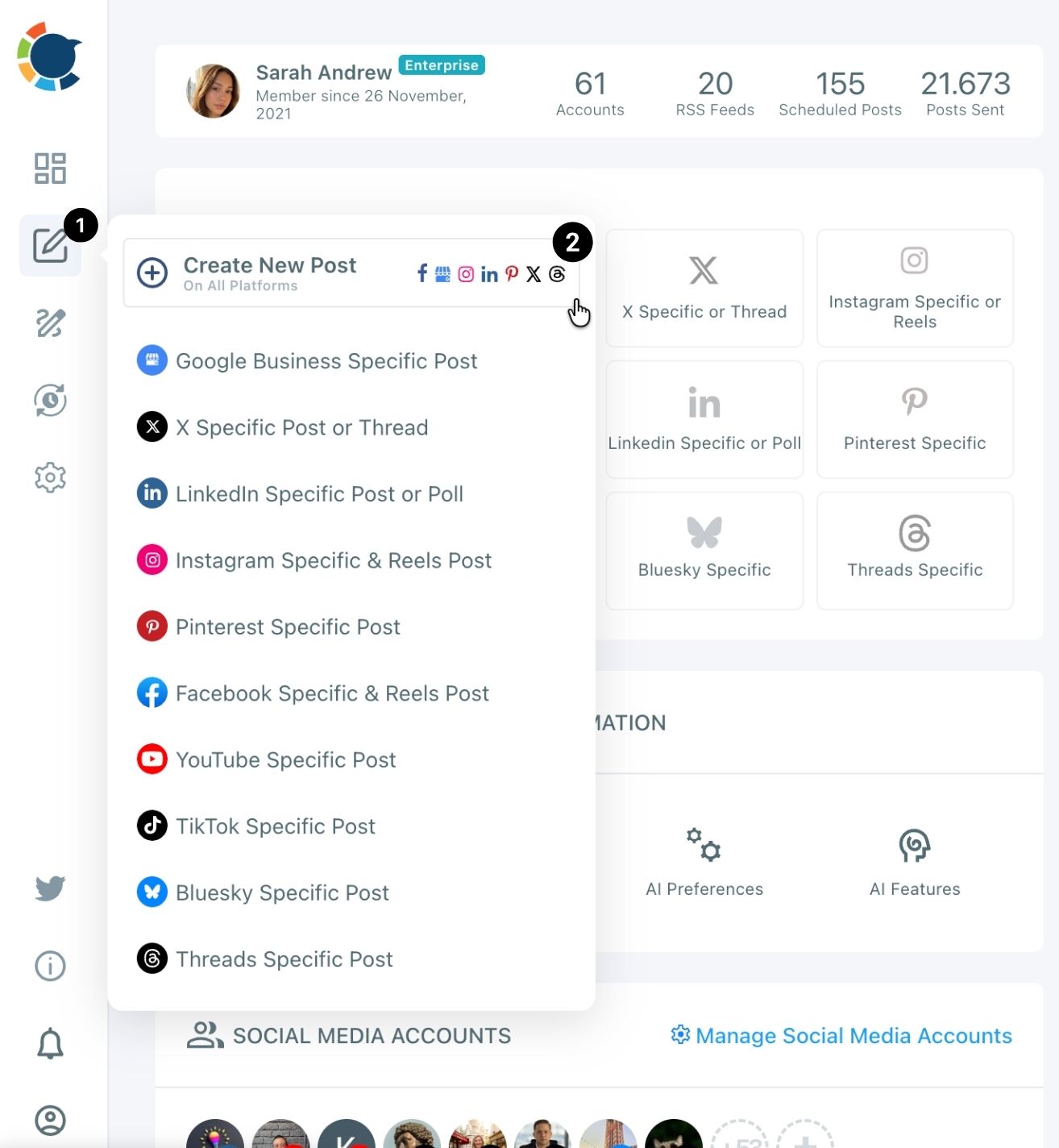 The sidebar flyout with the pencil icon marked 1 and Create New Post on All Platforms marked 2.