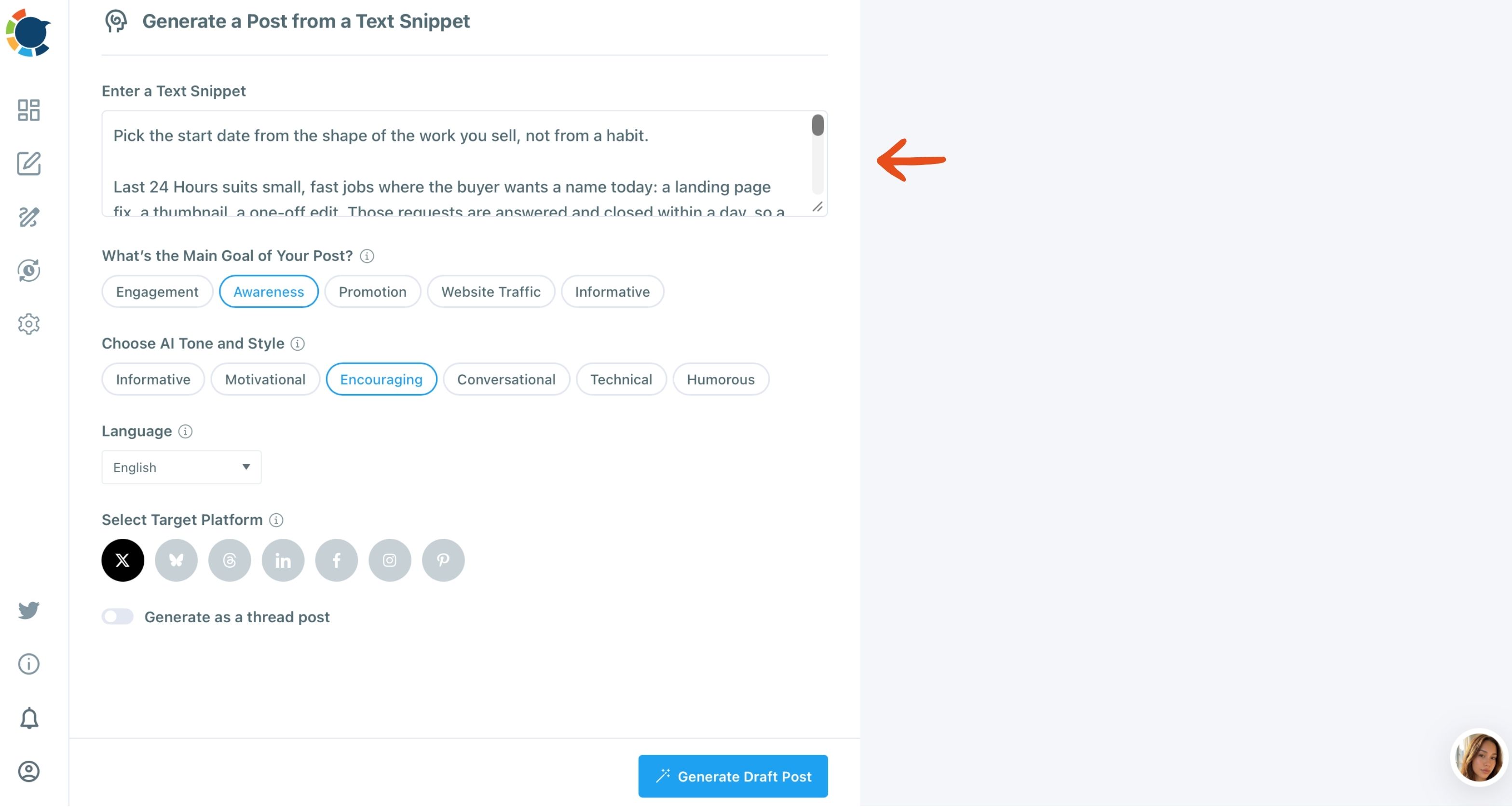 The Generate a Post from a Text Snippet form with an arrow on the text box, goal Awareness and tone Encouraging.