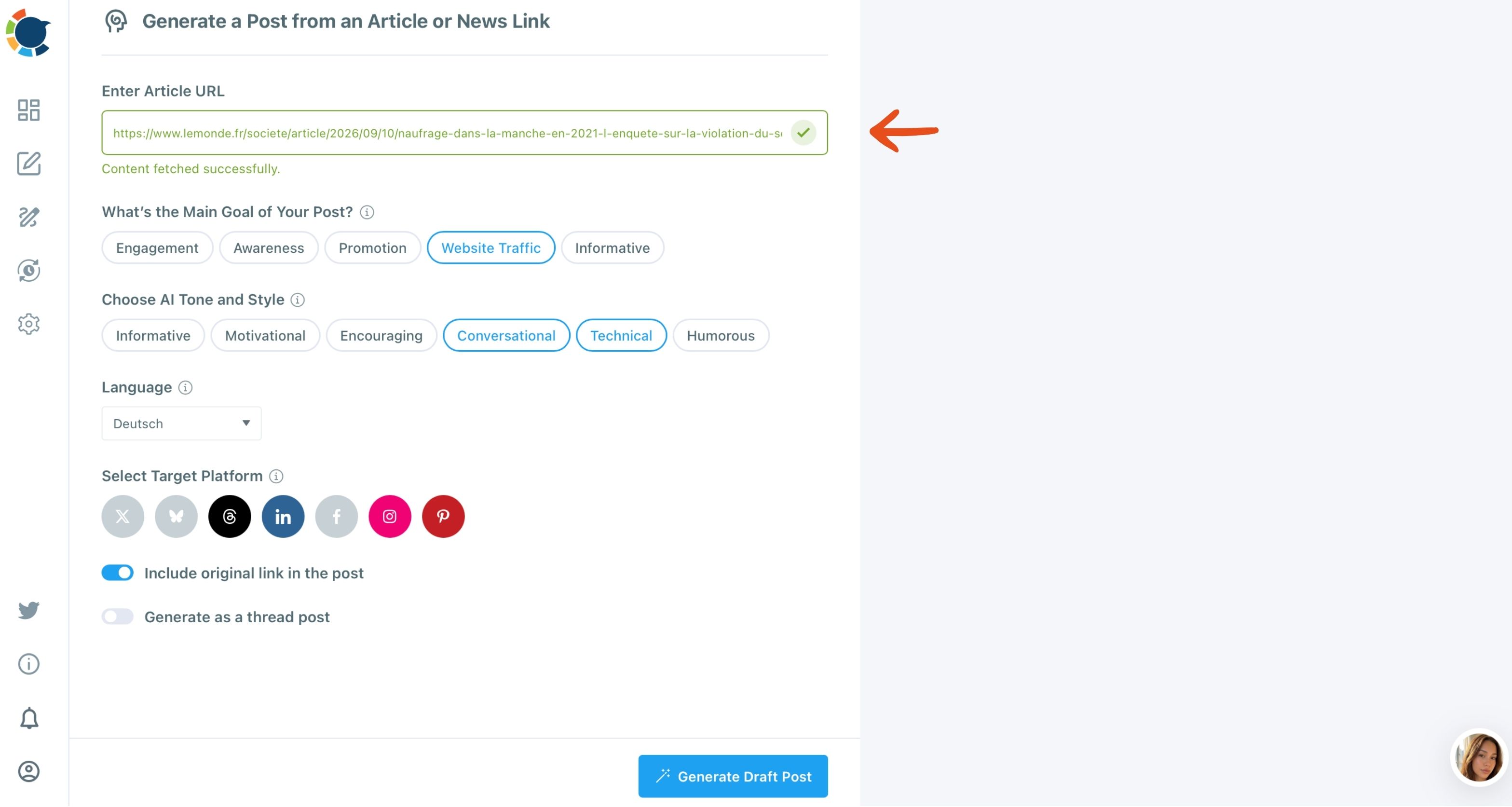 Generate a Post from an Article or News Link form with a Le Monde URL, goal Website Traffic and several target platforms selected.