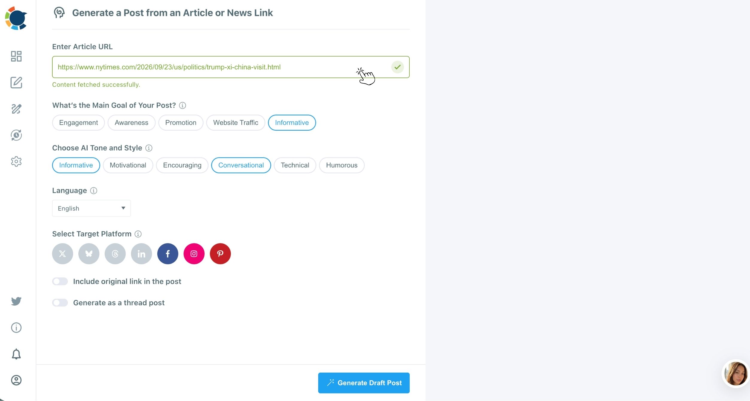 Generate a Post from an Article or News Link form with a news URL fetched and the Informative goal selected.