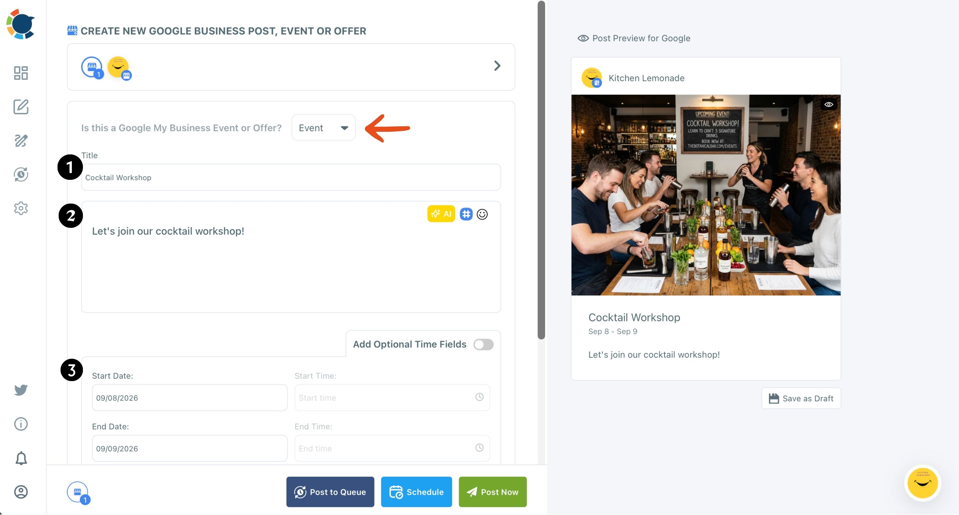 Google Event post form with Event chosen, the title, text and date fields numbered 1 to 3, and the event preview.
