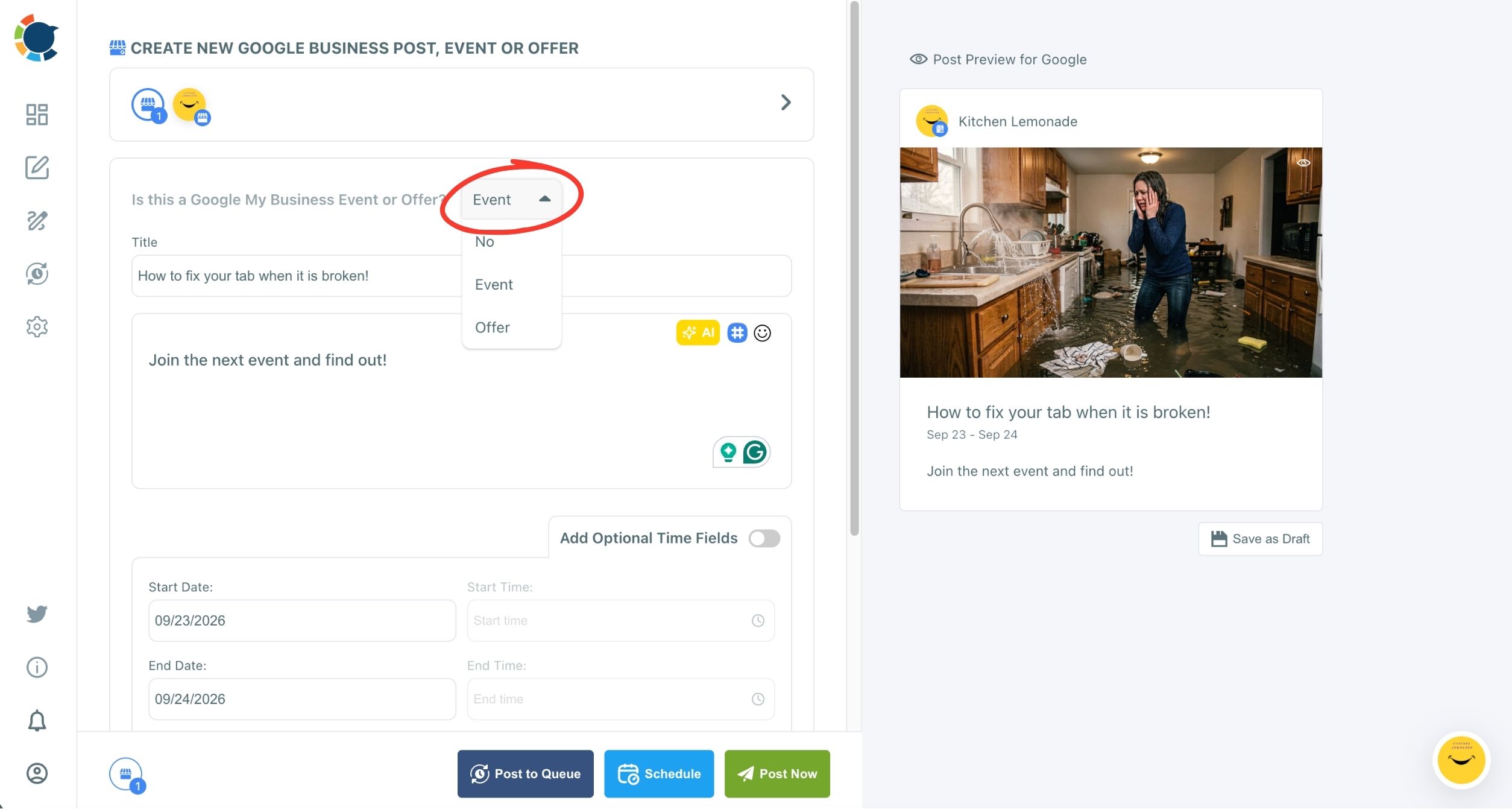 Google post composer with the Event or Offer dropdown circled and open on the No, Event and Offer options.