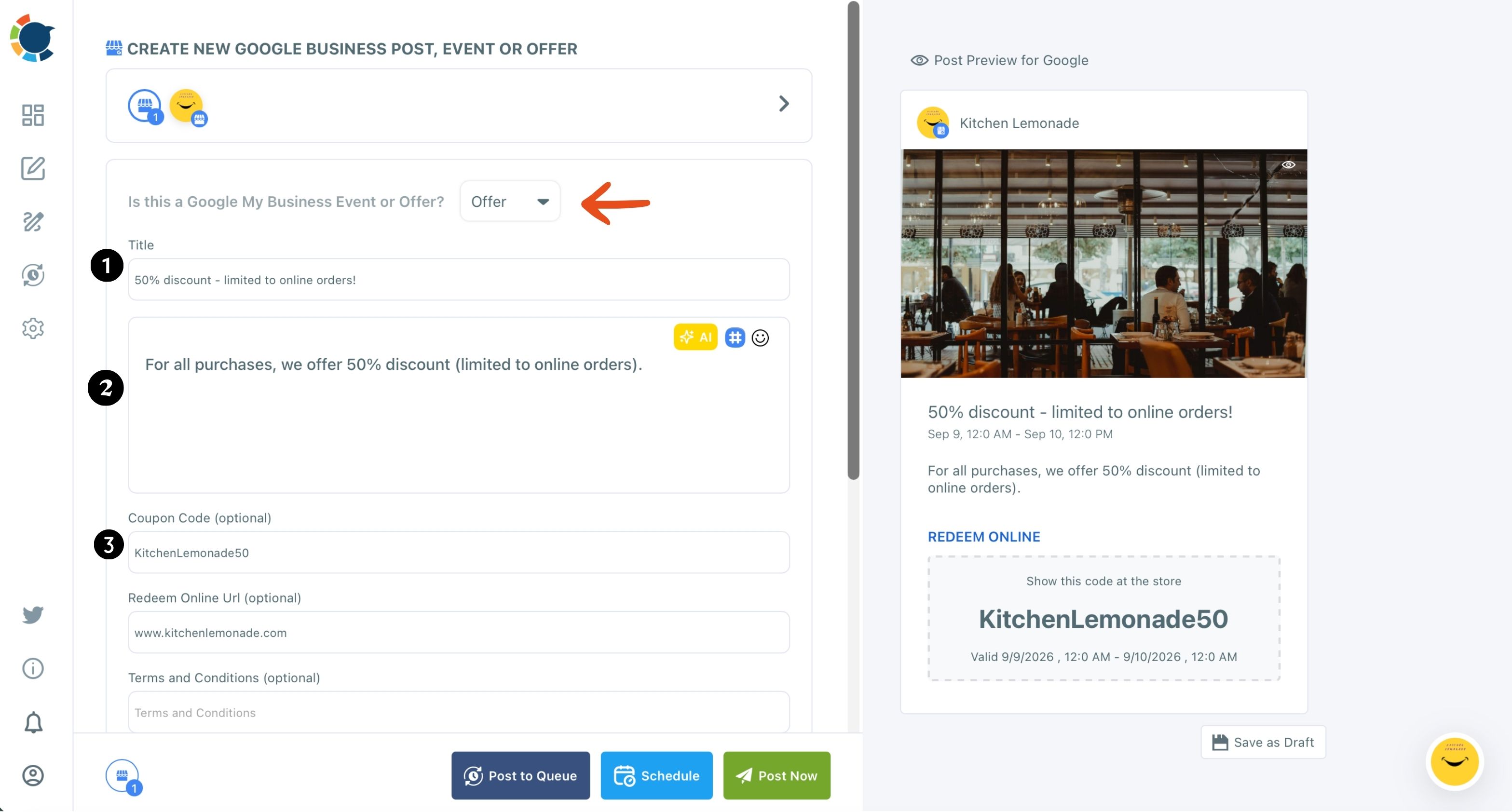 Google Offer post form with the title, text and coupon code fields numbered 1 to 3 and the coupon shown in the preview.