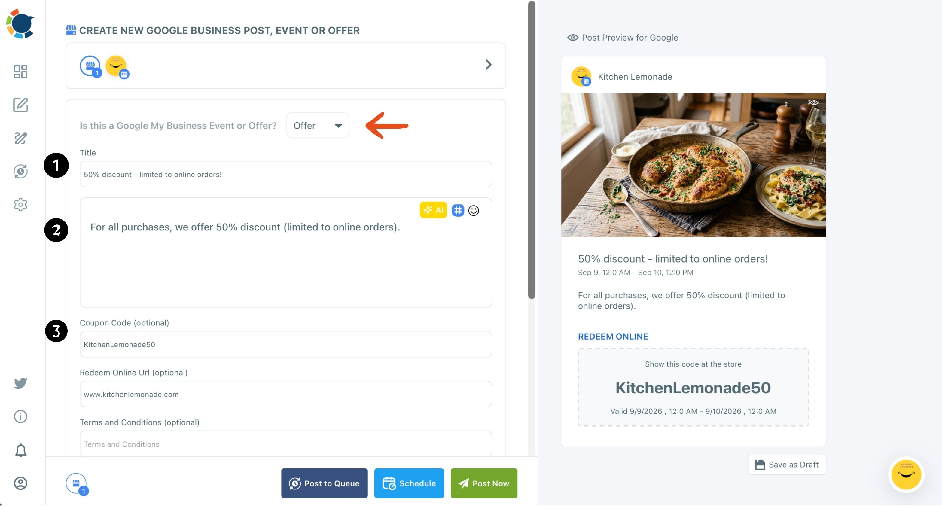 Google Business Profile Offer post with a food photo; the preview shows Redeem online and a coupon code with its valid dates.