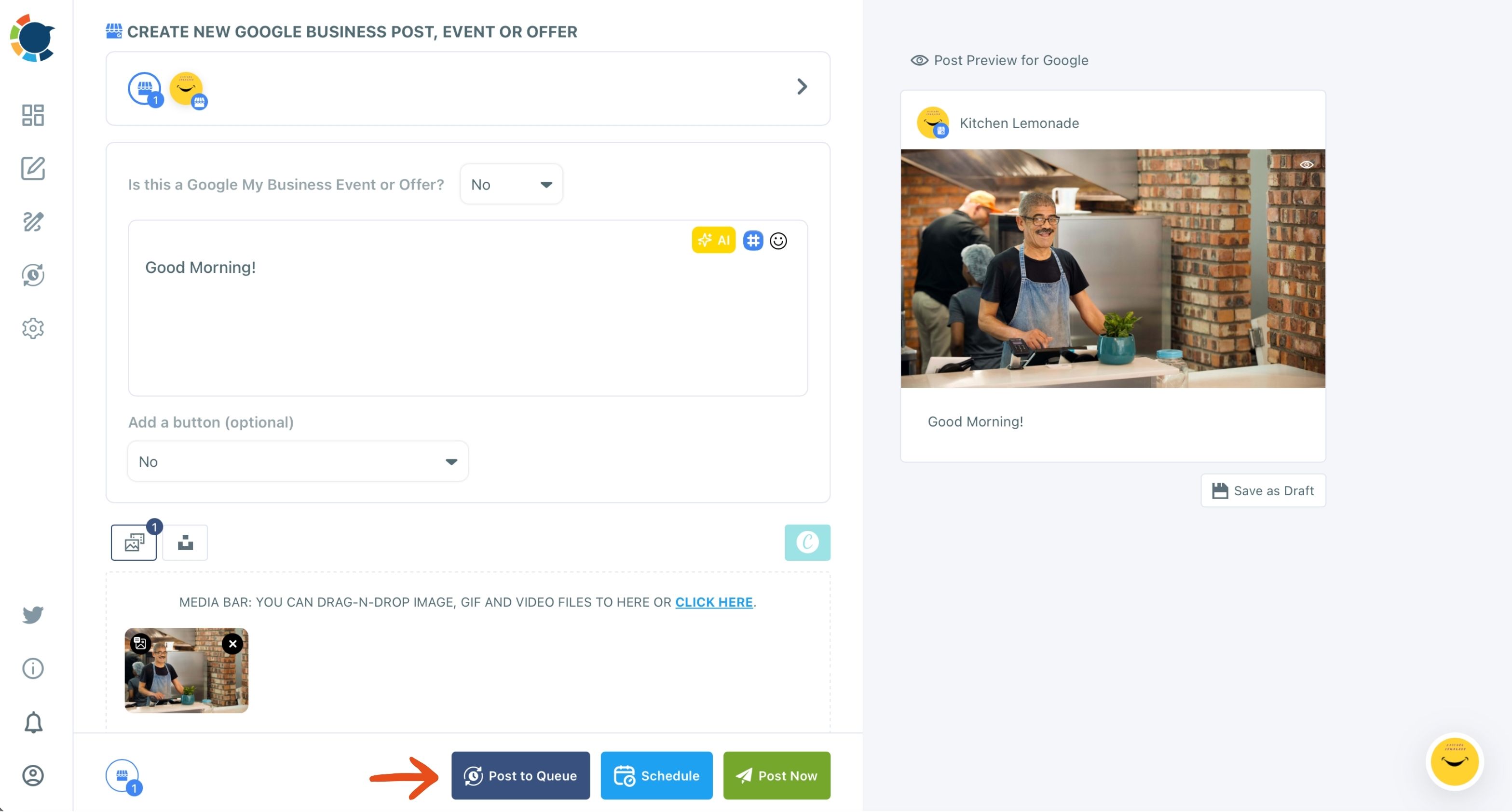 Google Business Profile composer with a Good Morning post, a kitchen photo and an arrow on the Post to Queue button.