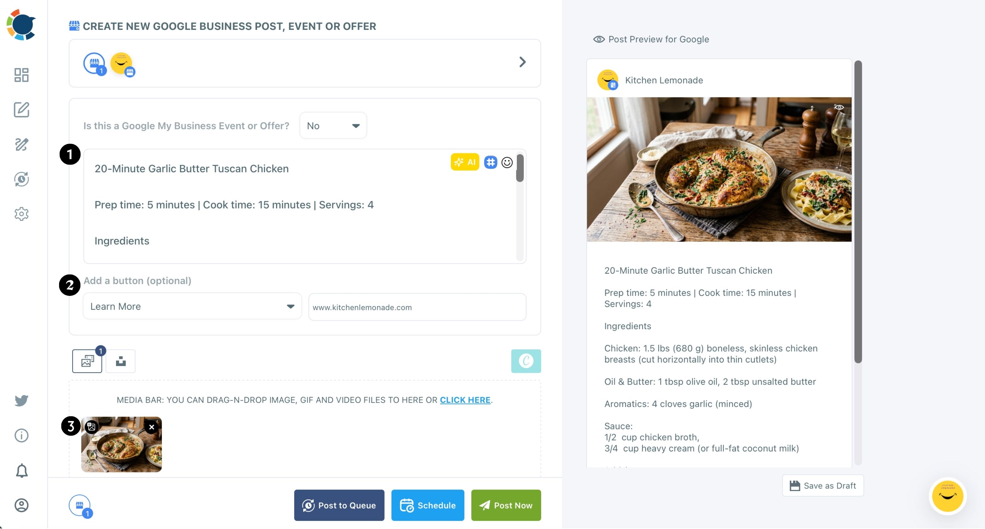 Google Business Profile composer with numbered markers on a recipe post's text, its Learn More button and its attached photo.