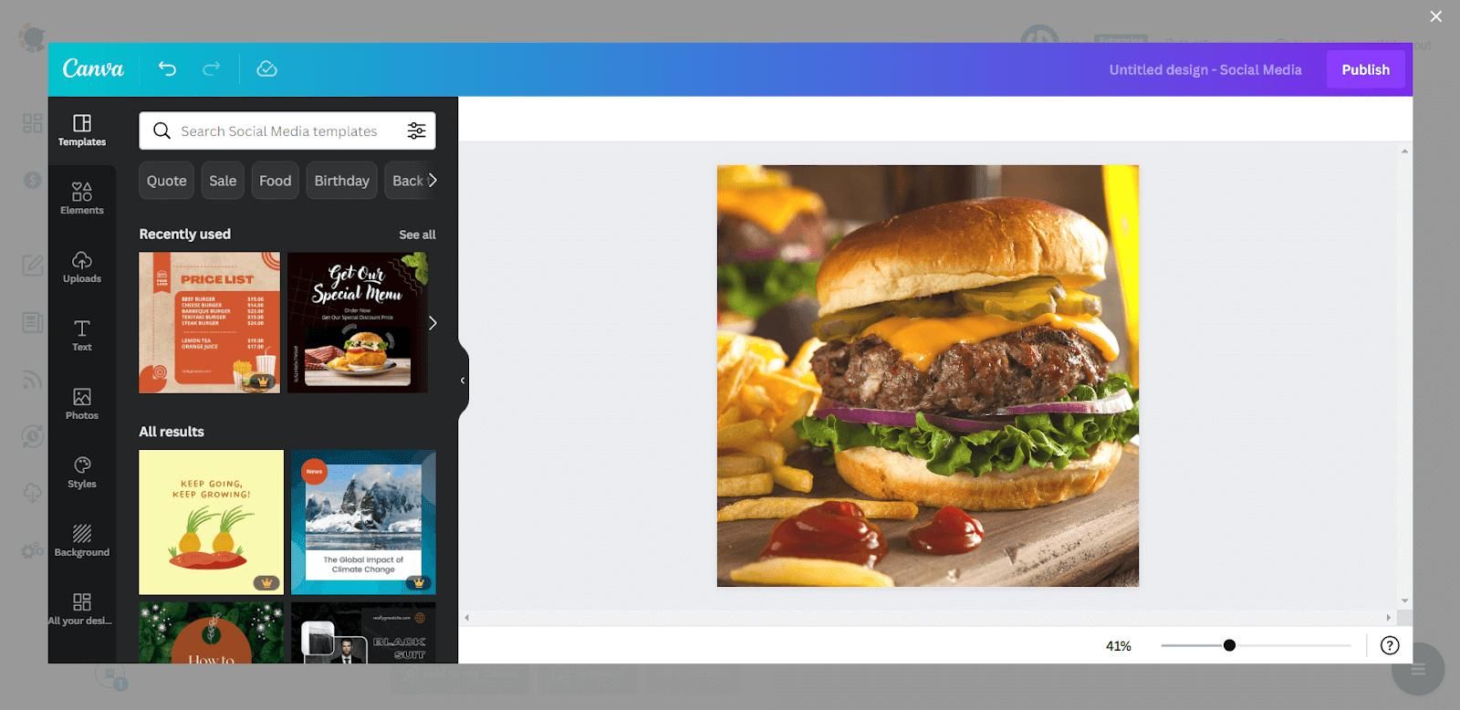 Canva editor opened from the Google Business Profile composer, with social media templates beside a burger photo design.