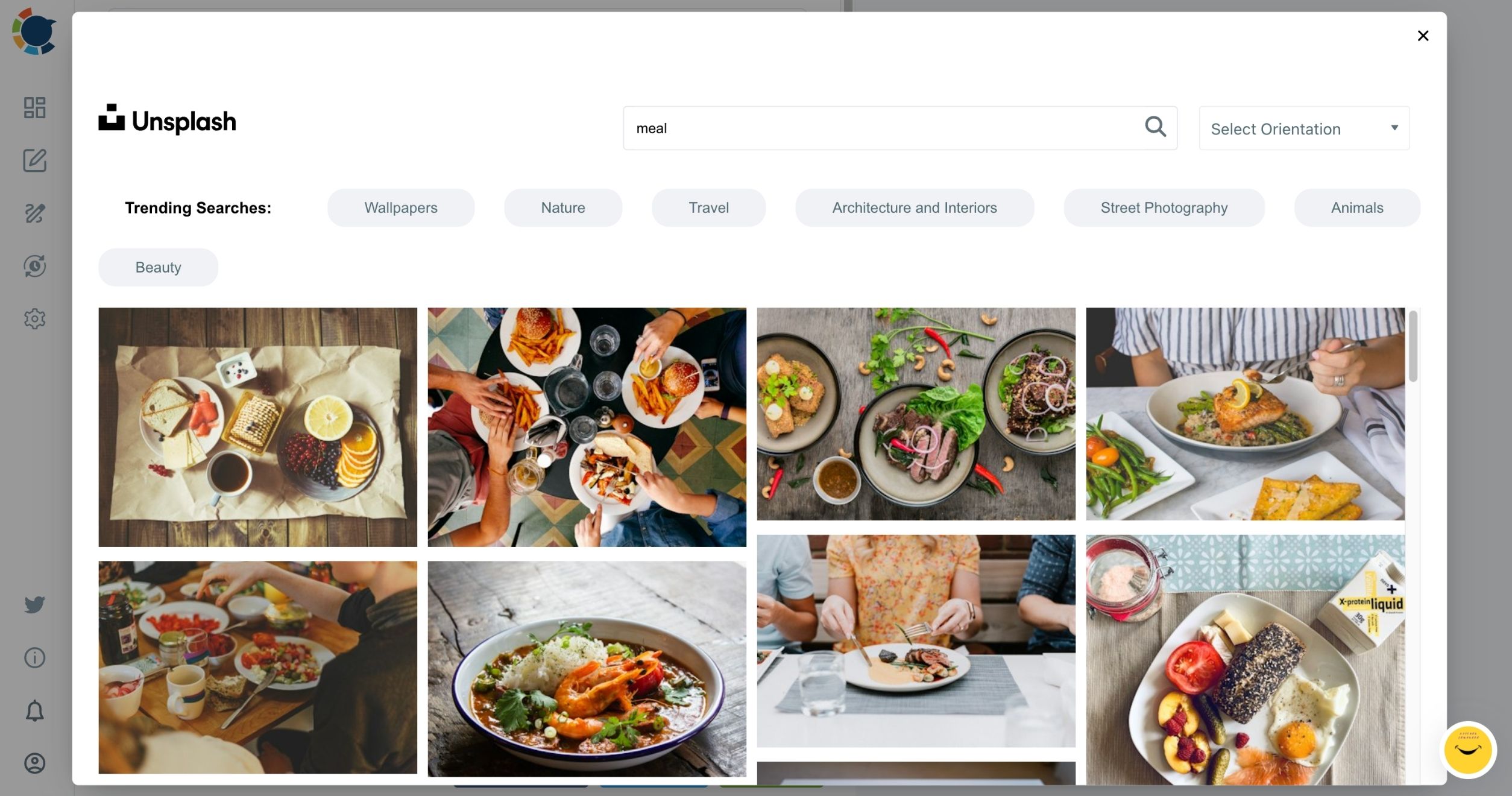 Unsplash photo picker opened from the Google Business Profile composer, with a meal search and a grid of food photos.
