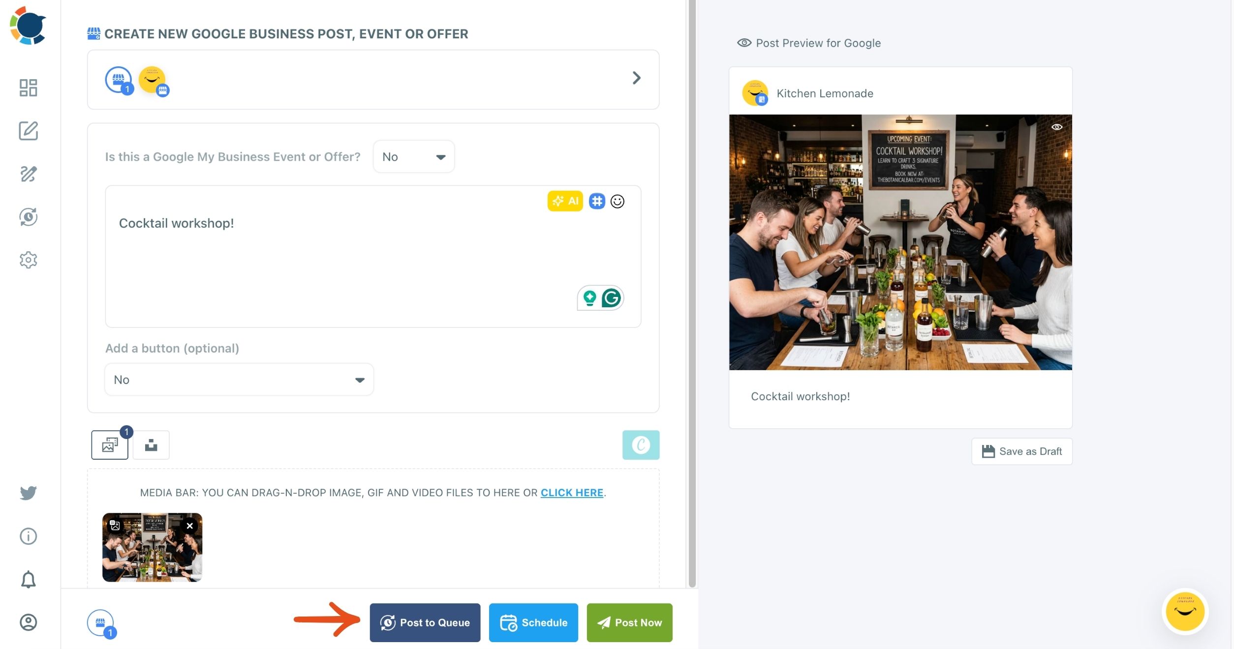 Google Business Profile composer with a Cocktail workshop post and photo, and an arrow pointing to the Post to Queue button.