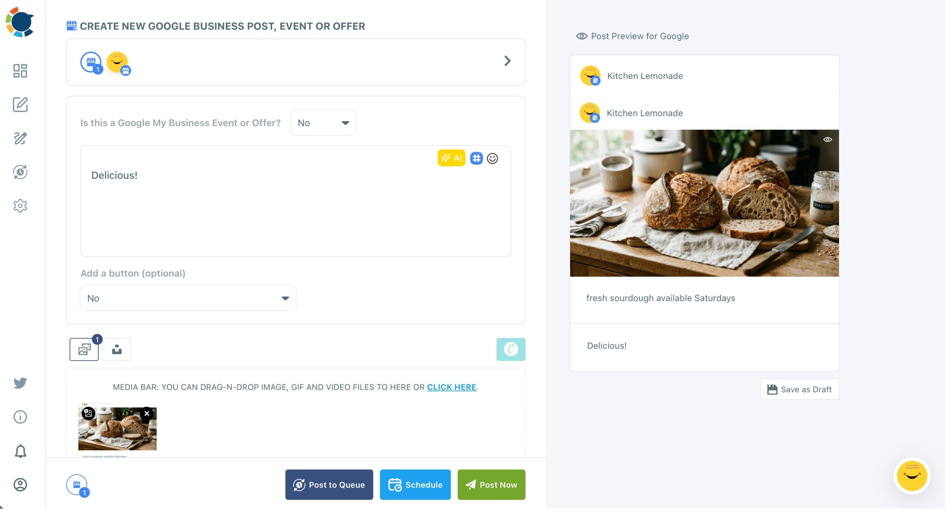 Circleboom Publish Google Business Profile composer with a short Standard post and a bread photo, and the Google post preview on the right.
