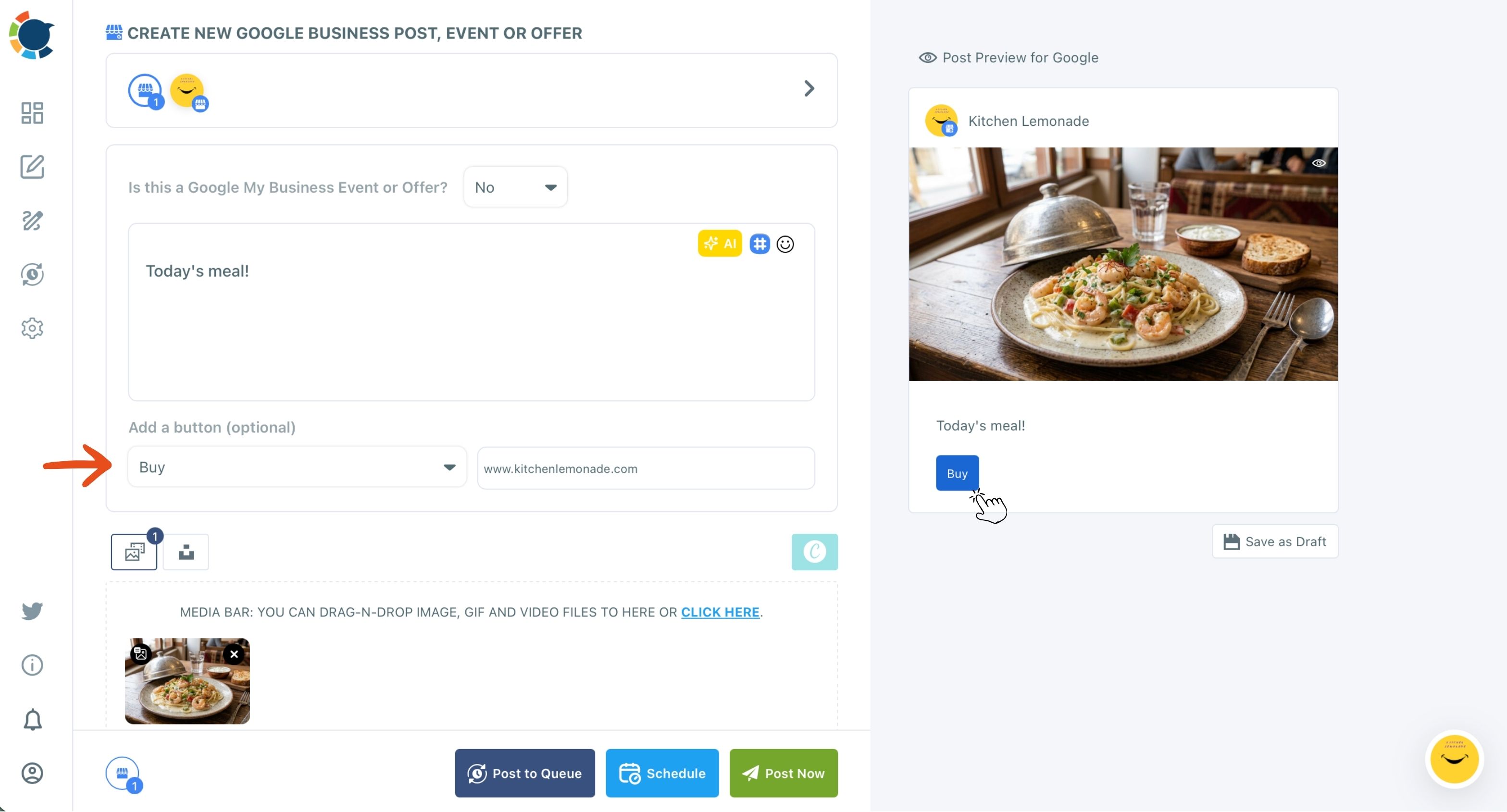 Google Business Profile composer with the Add a button field set to Buy, a website link, and the Buy button in the post preview.