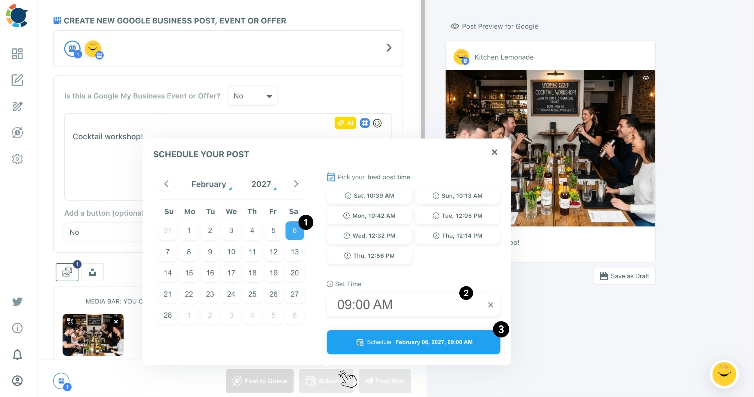Circleboom Publish Schedule modal for a Google Business Profile post with the date, the time and the Schedule button numbered.