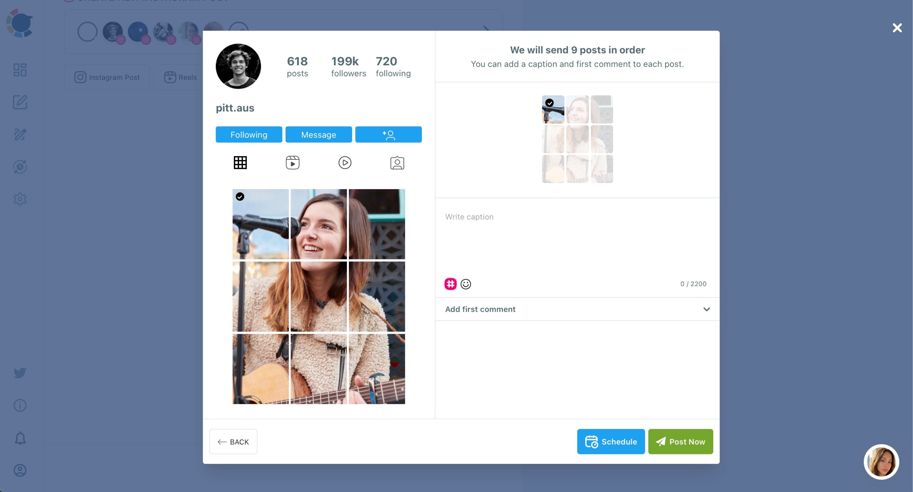 Grid Post step with a photo of a singer split into nine tiles on a profile mock-up.