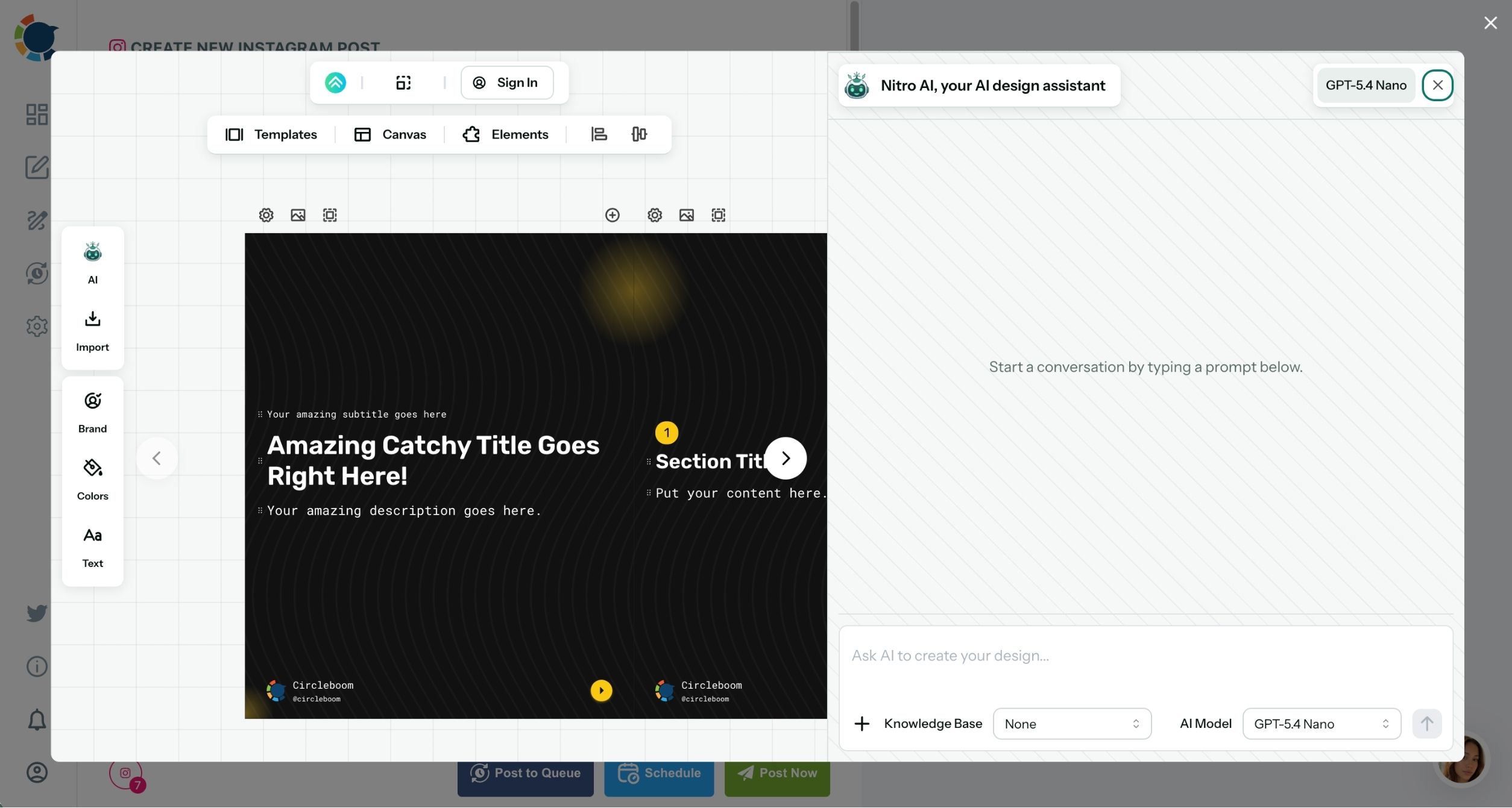 The carousel design canvas opened from the Instagram composer, with a dark slide template and the AI prompt panel.