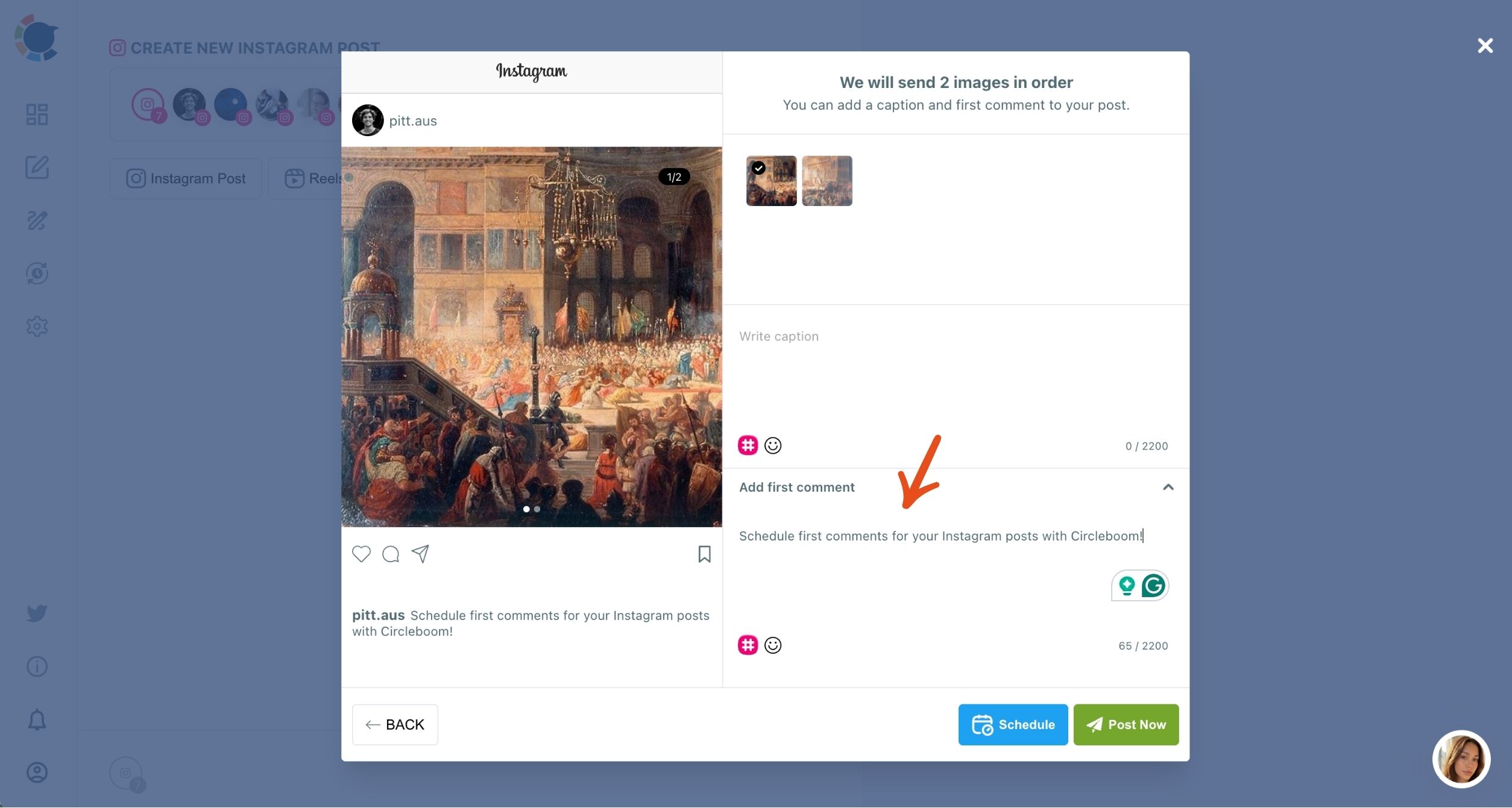 A two-image Instagram post step with an arrow on the Add first comment field and the comment shown under the post in the preview.