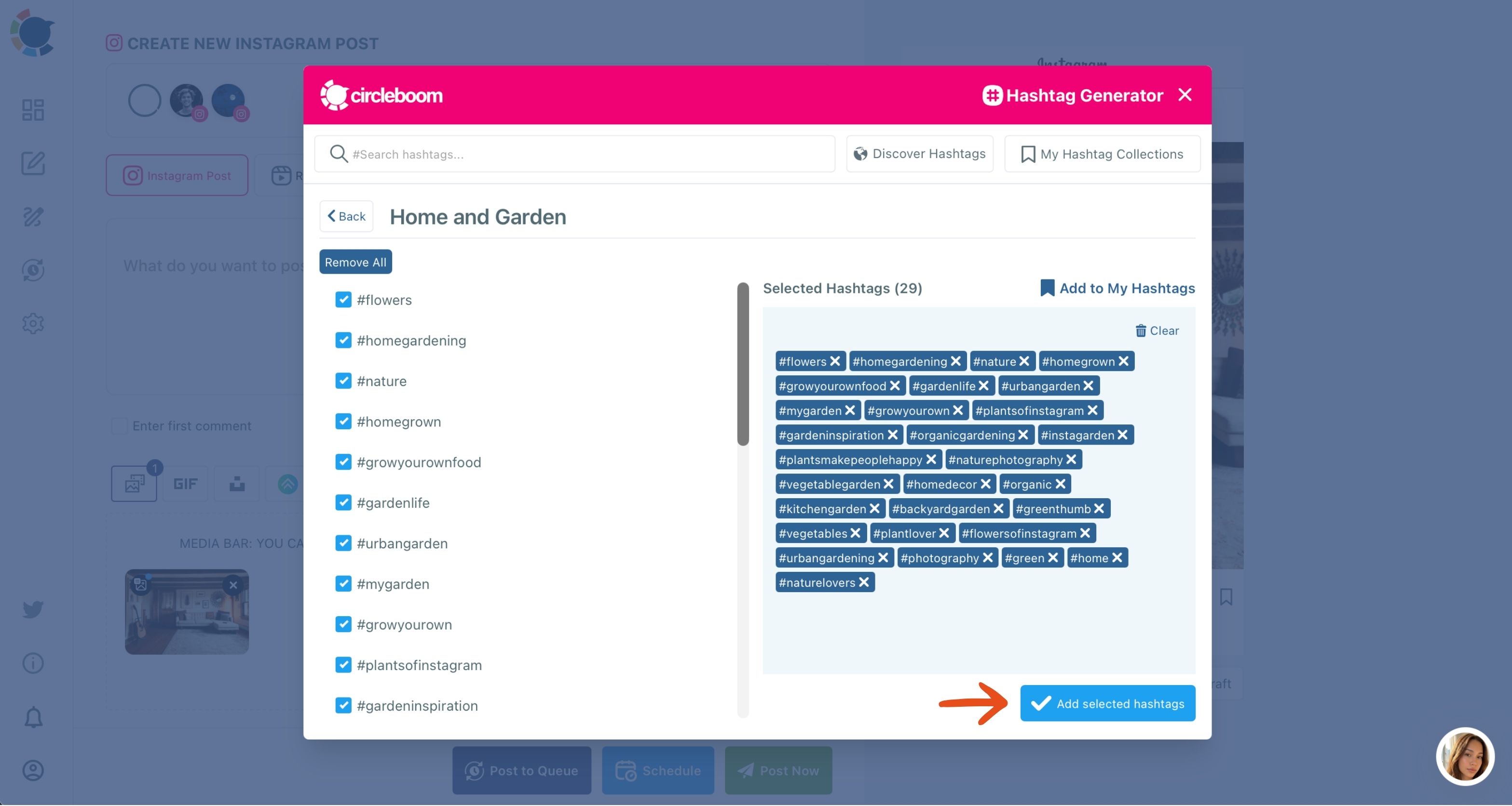 Home and Garden topic in the Hashtag Generator with 29 hashtags selected and an arrow on Add selected hashtags.