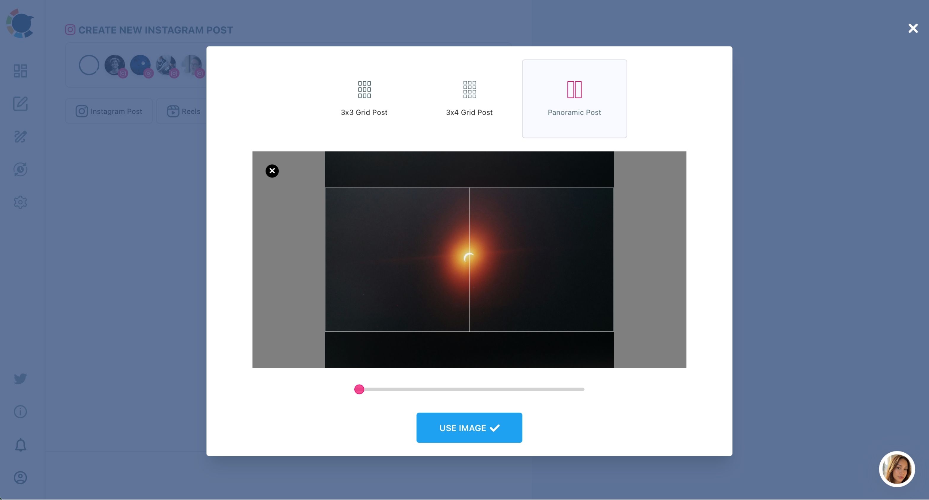 Panoramic Post picker in the Instagram composer, with a dark eclipse photo split into two connected slides.