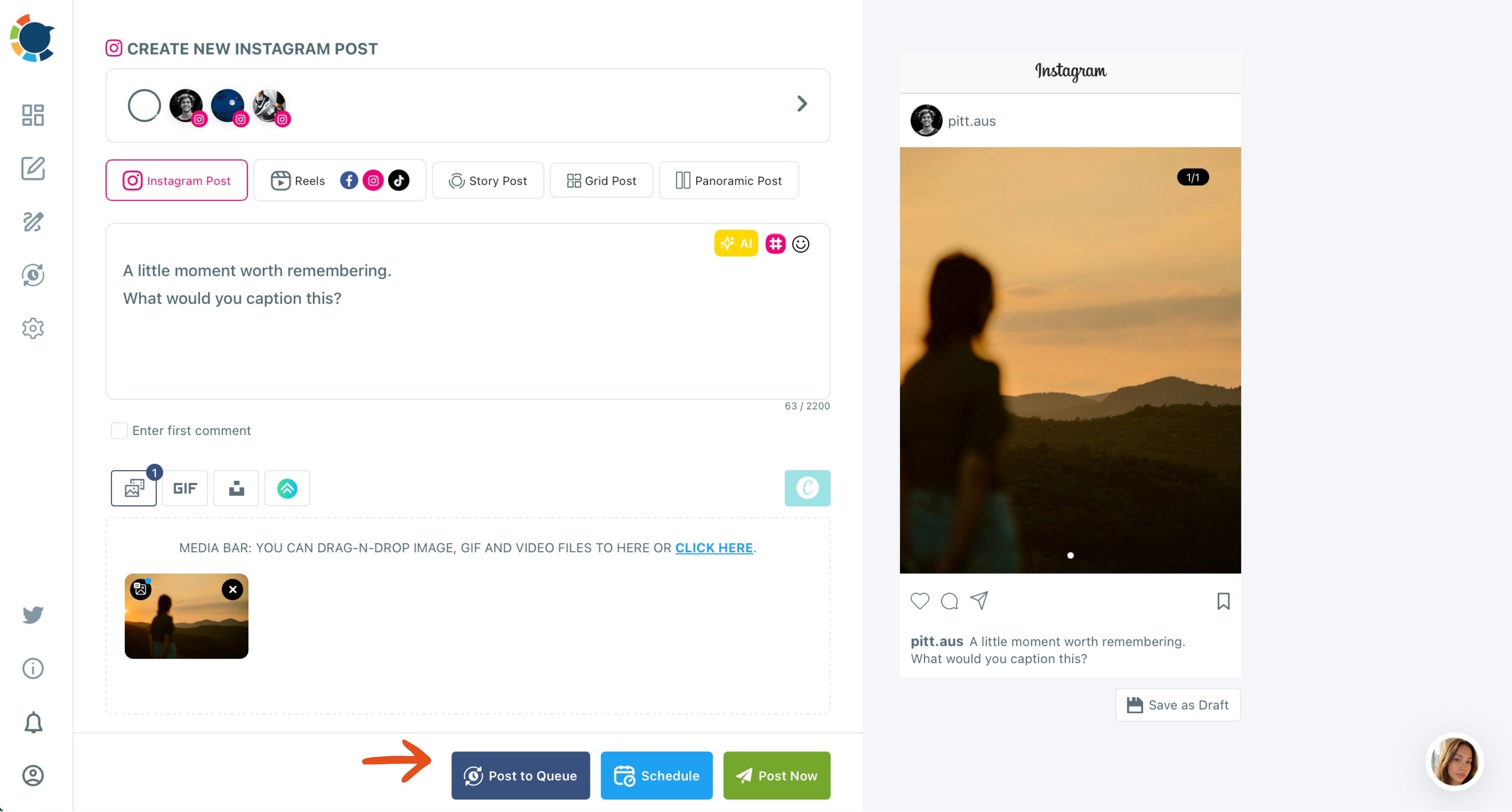 Instagram composer with a sunset photo post and an arrow pointing to the Post to Queue button.