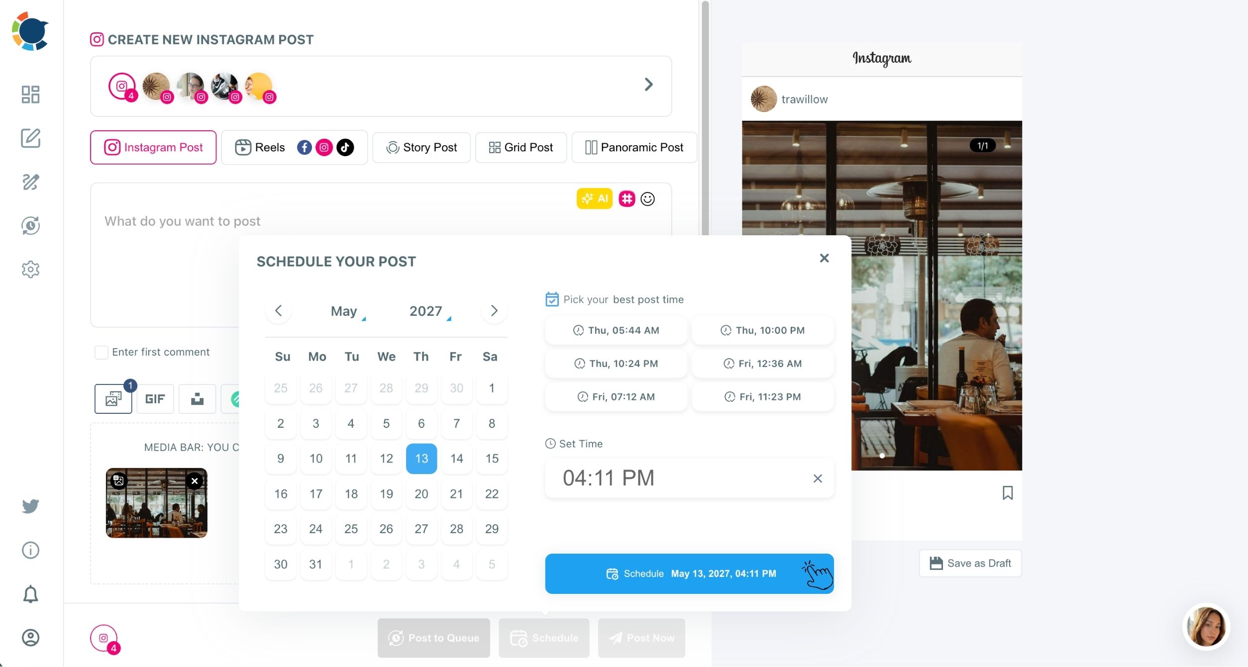 Instagram composer with the Schedule modal open, suggested best times listed and the cursor on the final Schedule button.