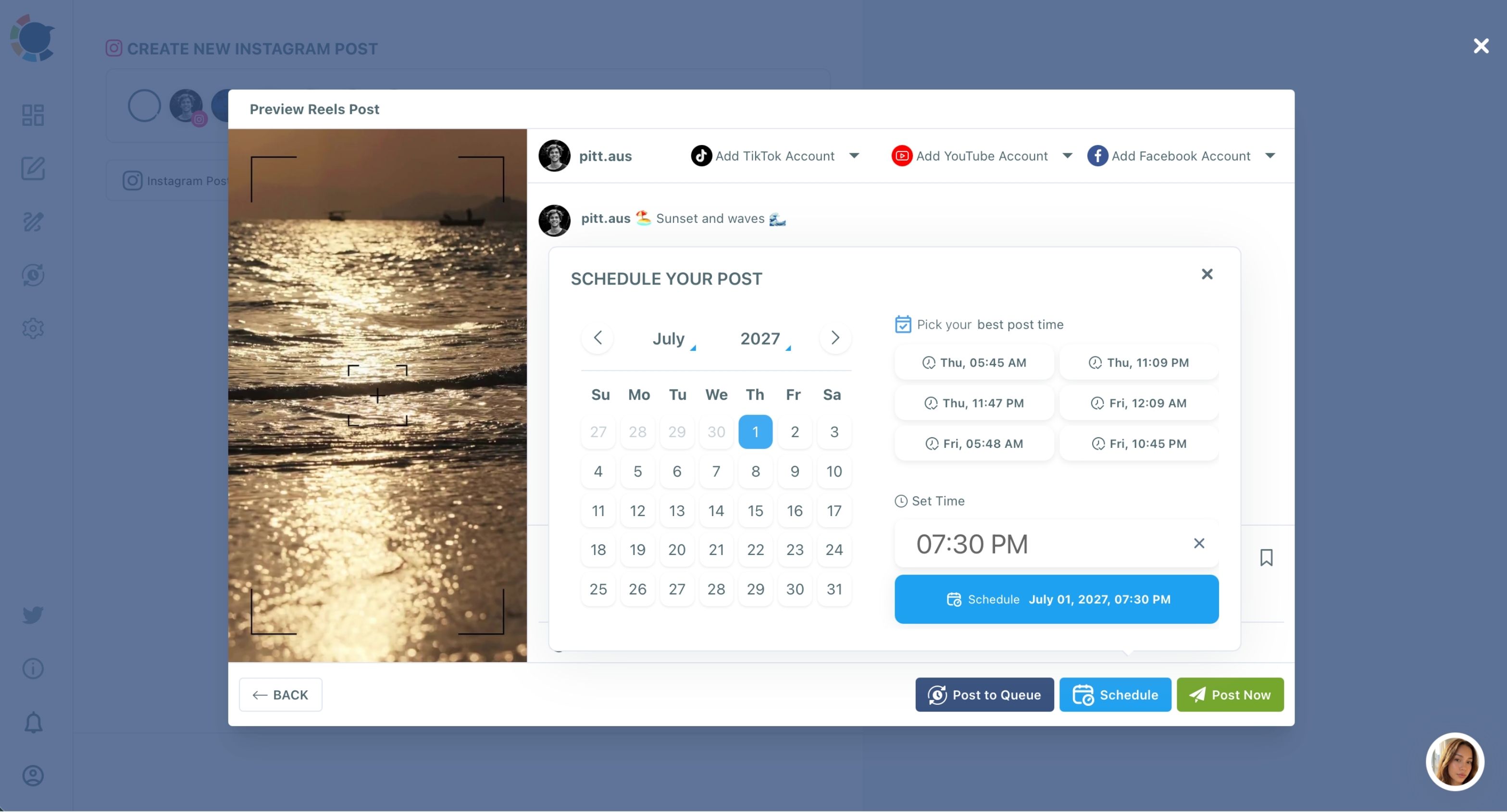 Preview Reels Post window with the Schedule modal, suggested best post times and the Post to Queue, Schedule and Post Now buttons.