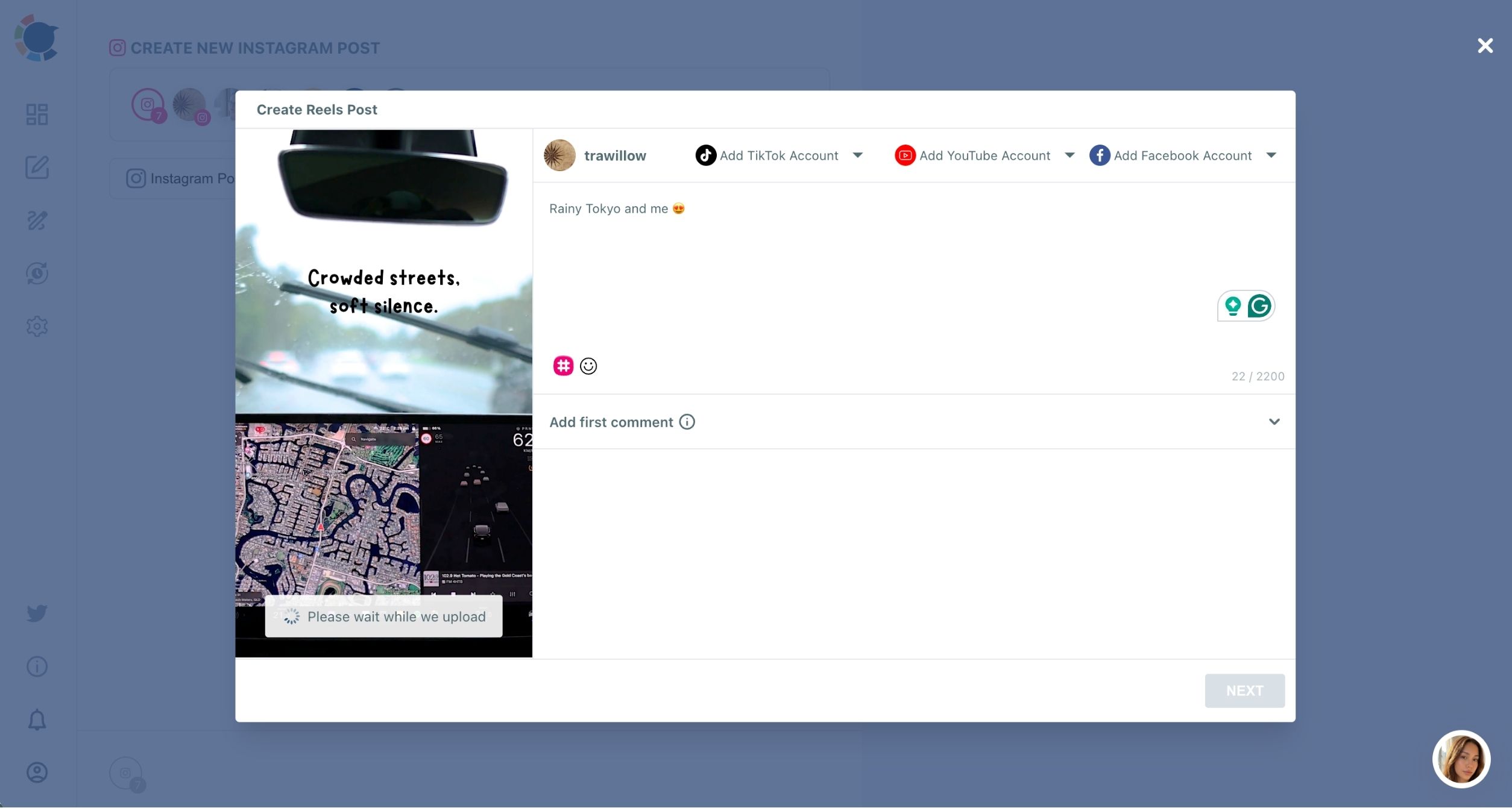 Create Reels Post panel uploading a video, with a short caption typed and the Add first comment field below.