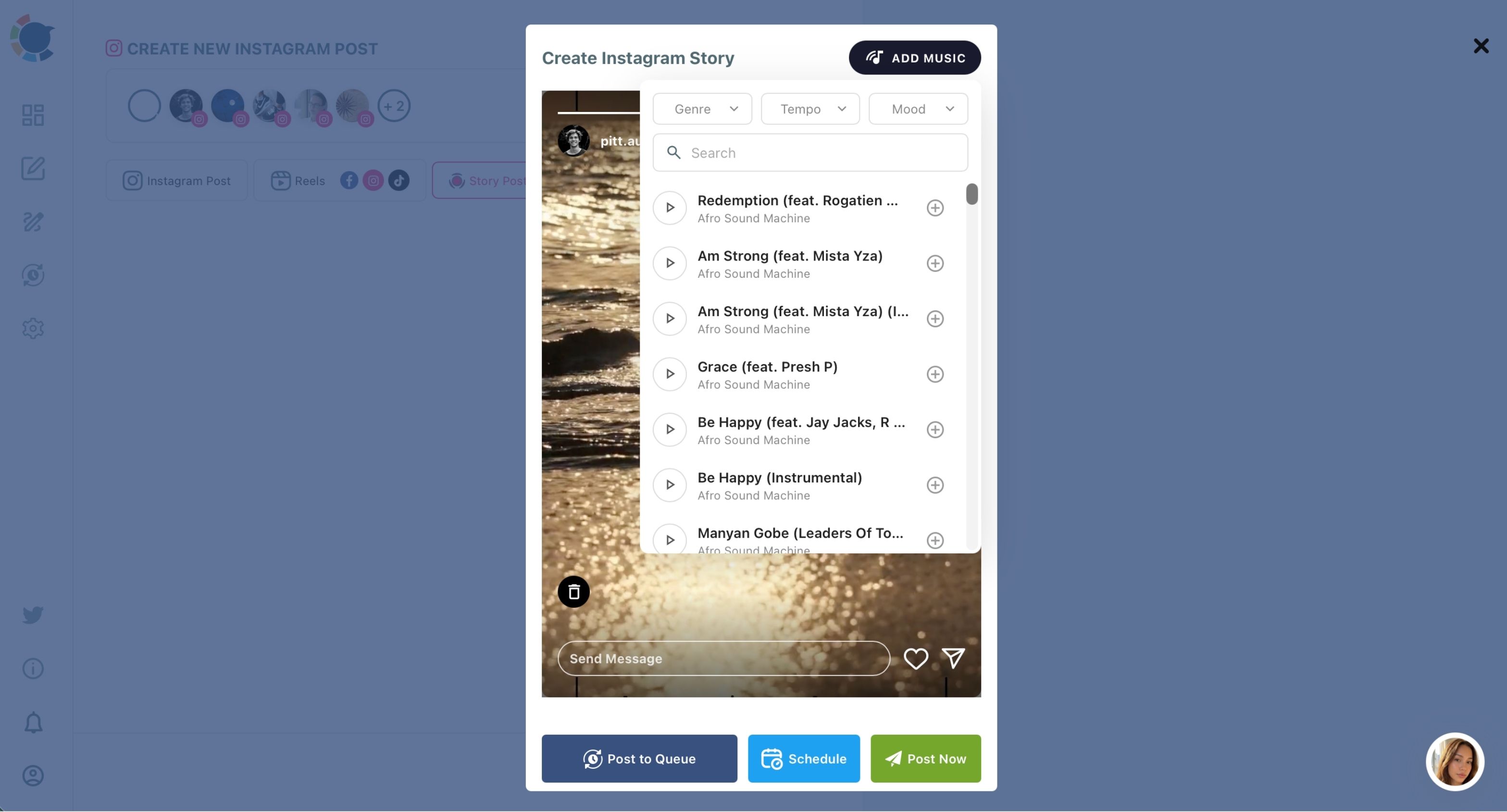 Create Instagram Story window with the Add Music track list open over the Story.