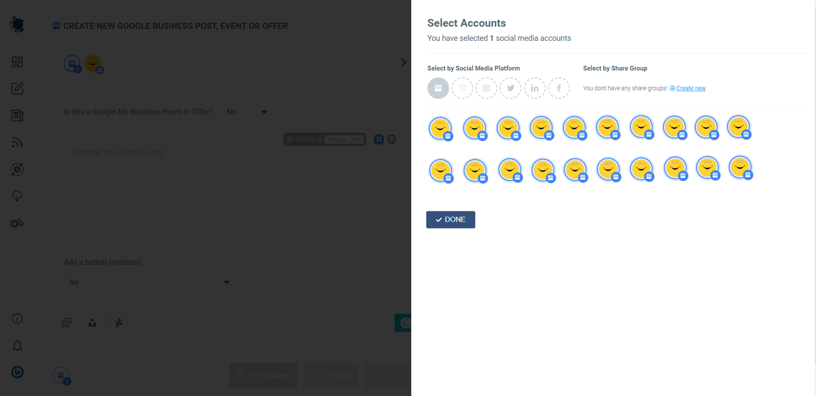 Select Accounts panel in the Google Business composer with many connected profiles and a Create new link for Share Groups.