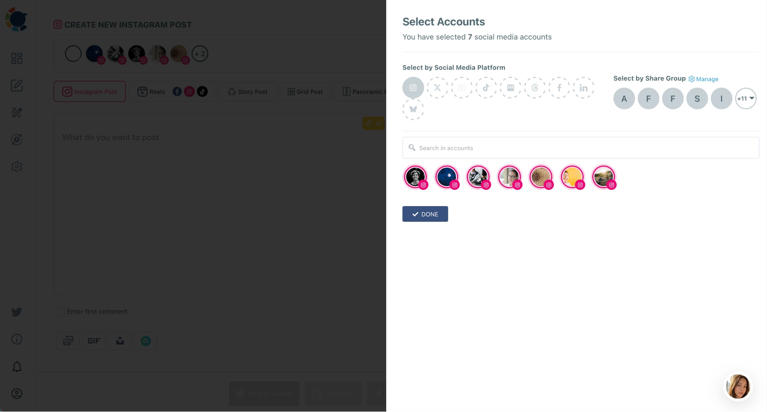 Select Accounts panel in the Instagram composer showing seven Instagram accounts selected.