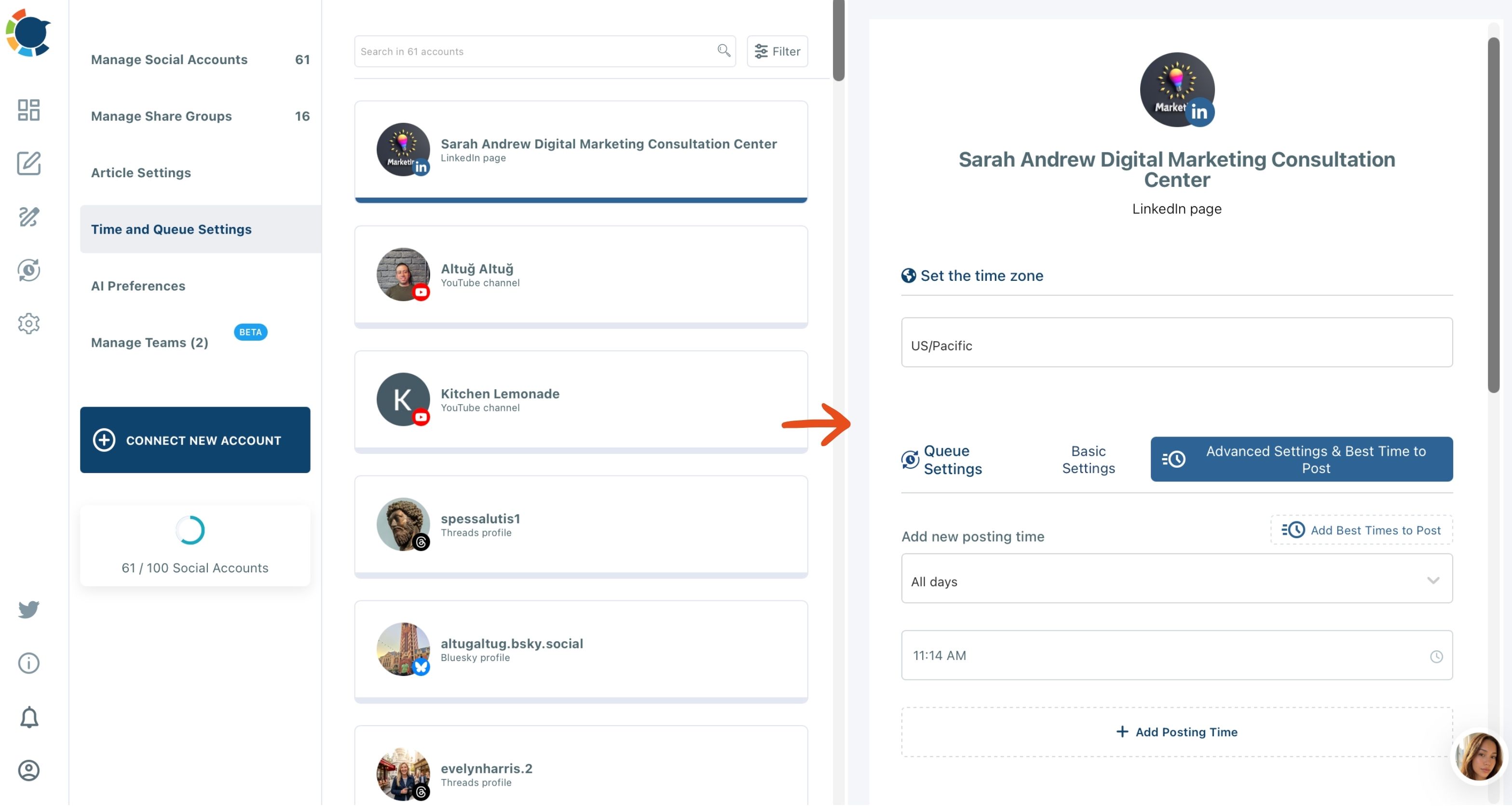 Time and Queue Settings for a LinkedIn Page with time zone, posting time fields and the Add Best Times to Post button.
