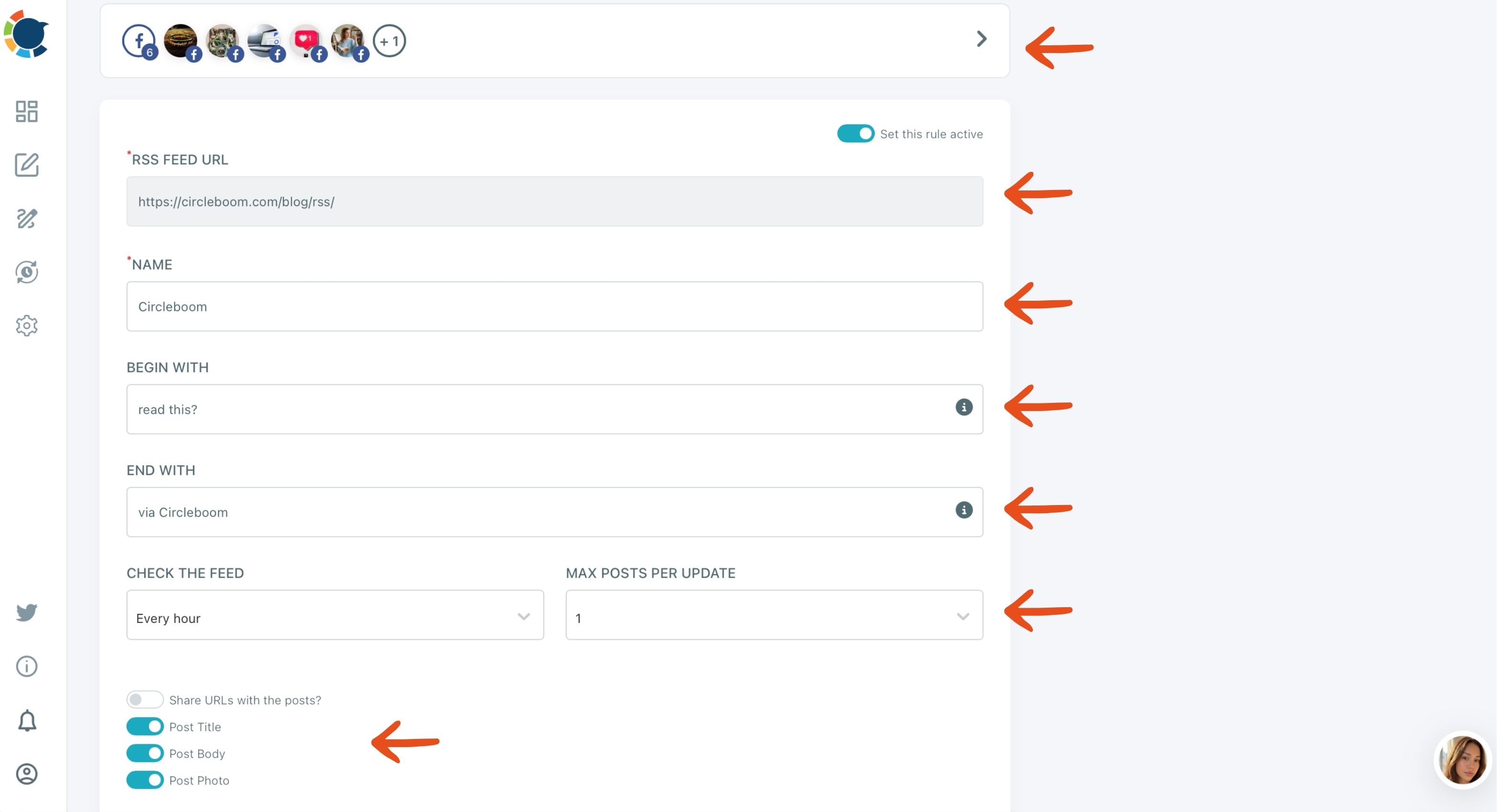 Circleboom Publish RSS rule for several Facebook Pages with arrows on feed URL, Begin With, End With, Check the Feed and Max Posts.