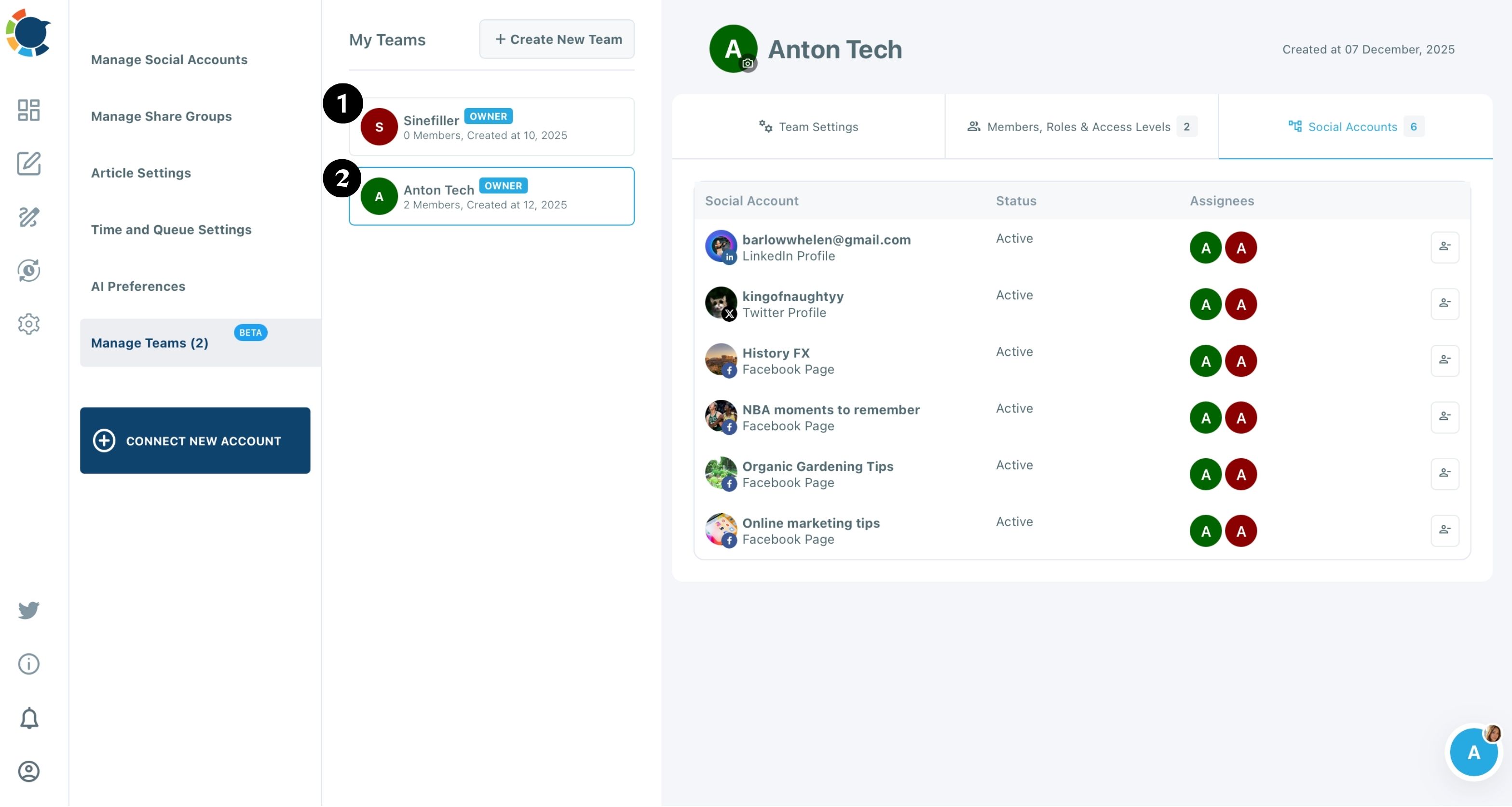 Social Accounts tab of a Team listing each connected account, its Active status and the member avatars assigned to it.