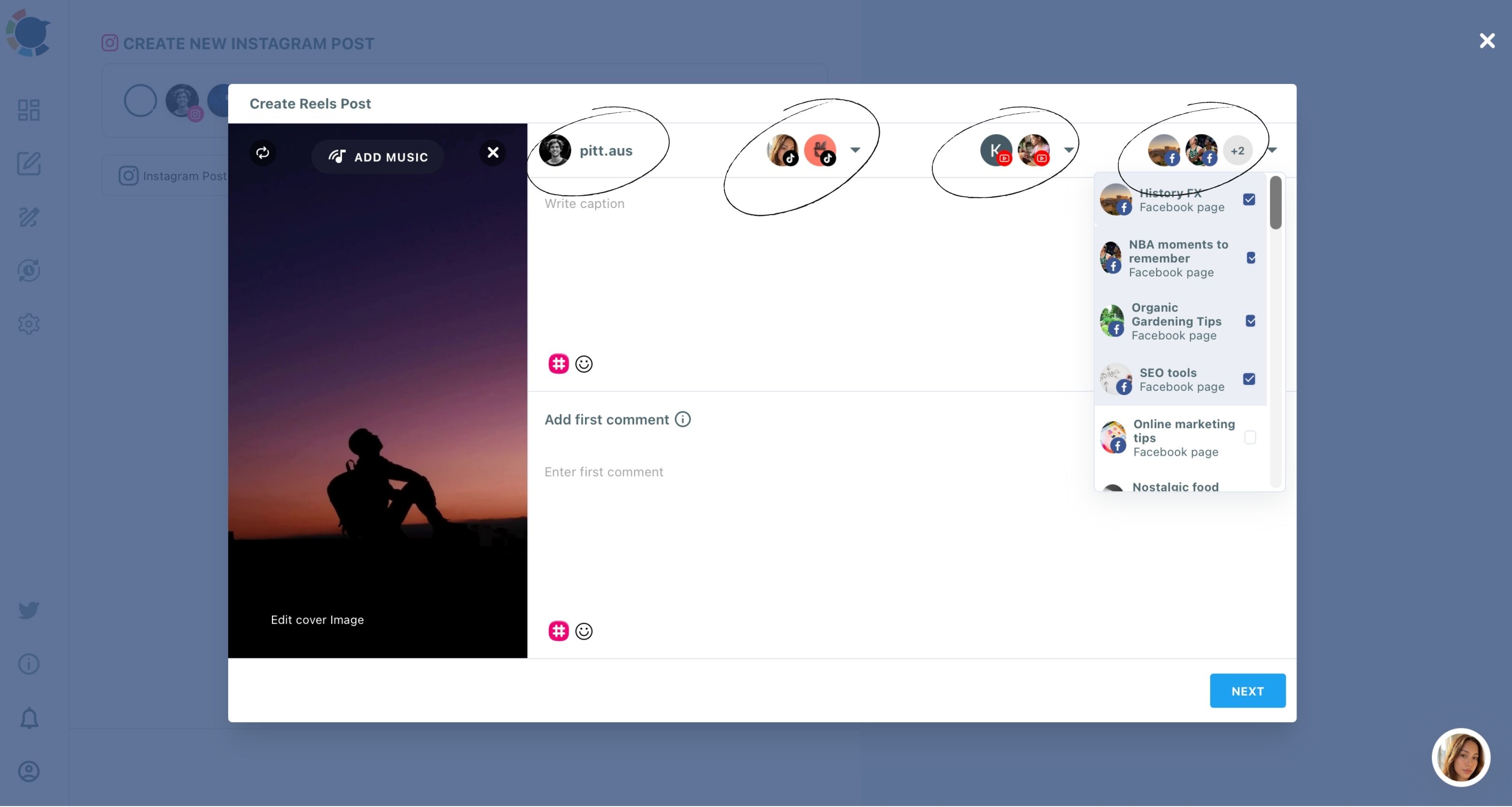 Create Reels Post window with the four account groups circled and several Facebook Pages checked in the open list.