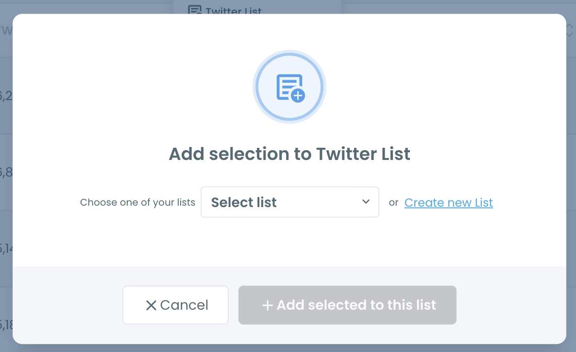 Add selection to Twitter List pop-up with a list dropdown and an option to create a new list