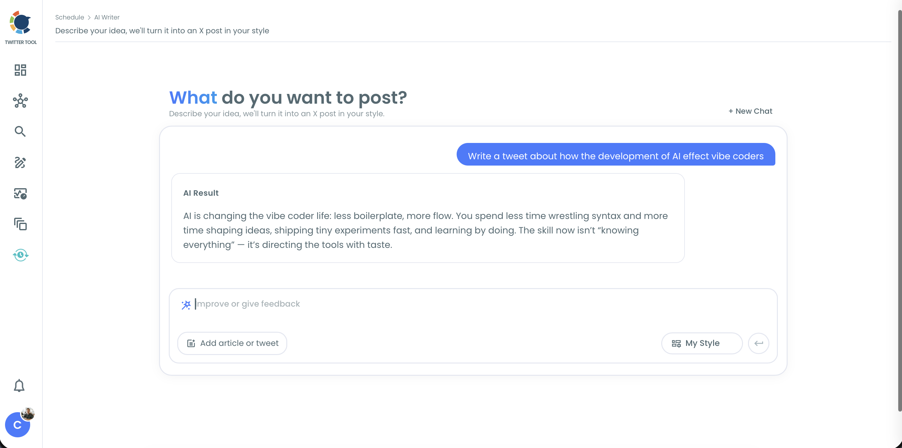 Circleboom AI Writer chat screen with a user prompt, the AI Result draft, the Improve or give feedback box, and My Style button
