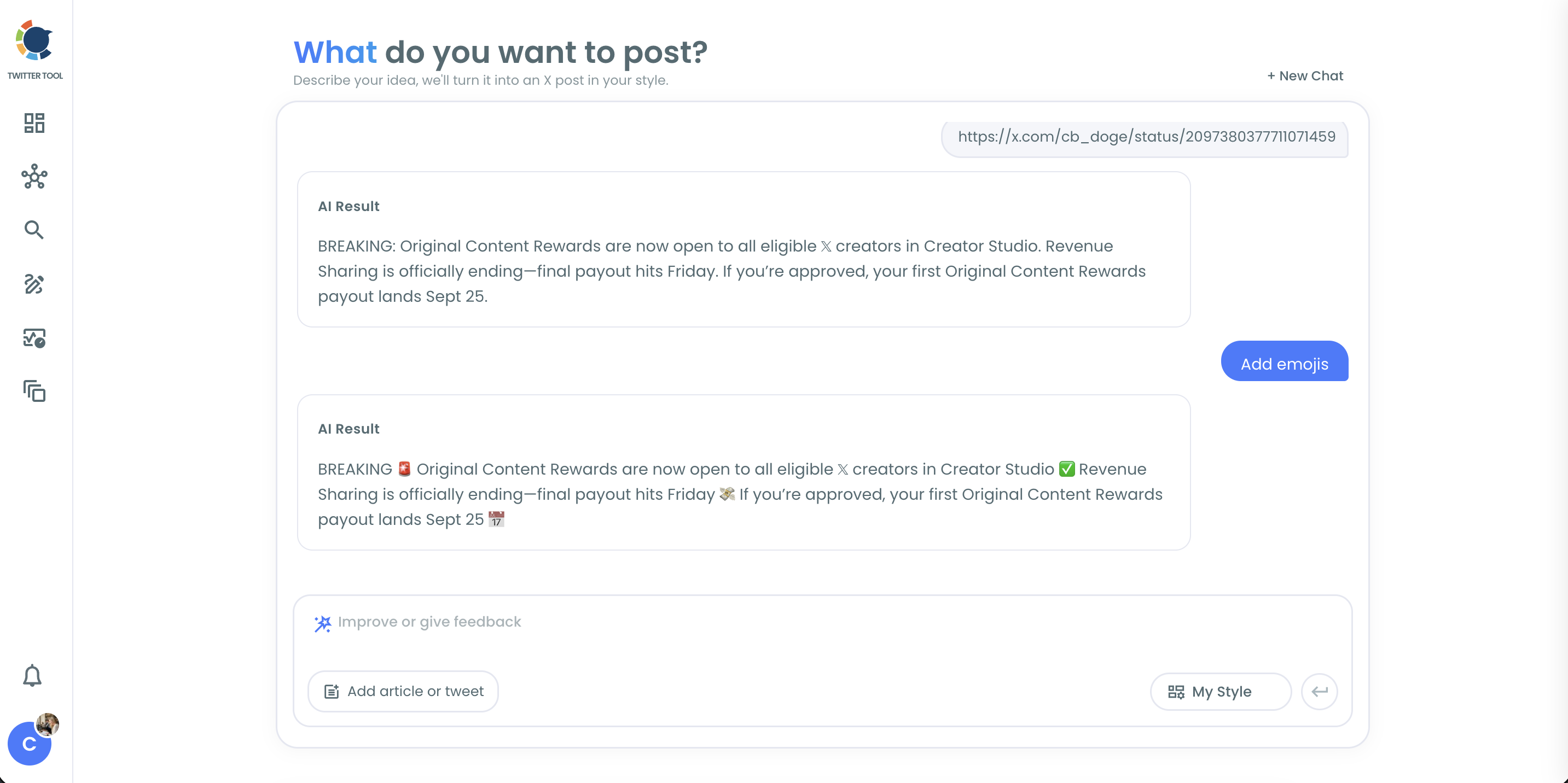 Circleboom AI Writer asking what you want to post, ready to turn your idea into an X post in your style.