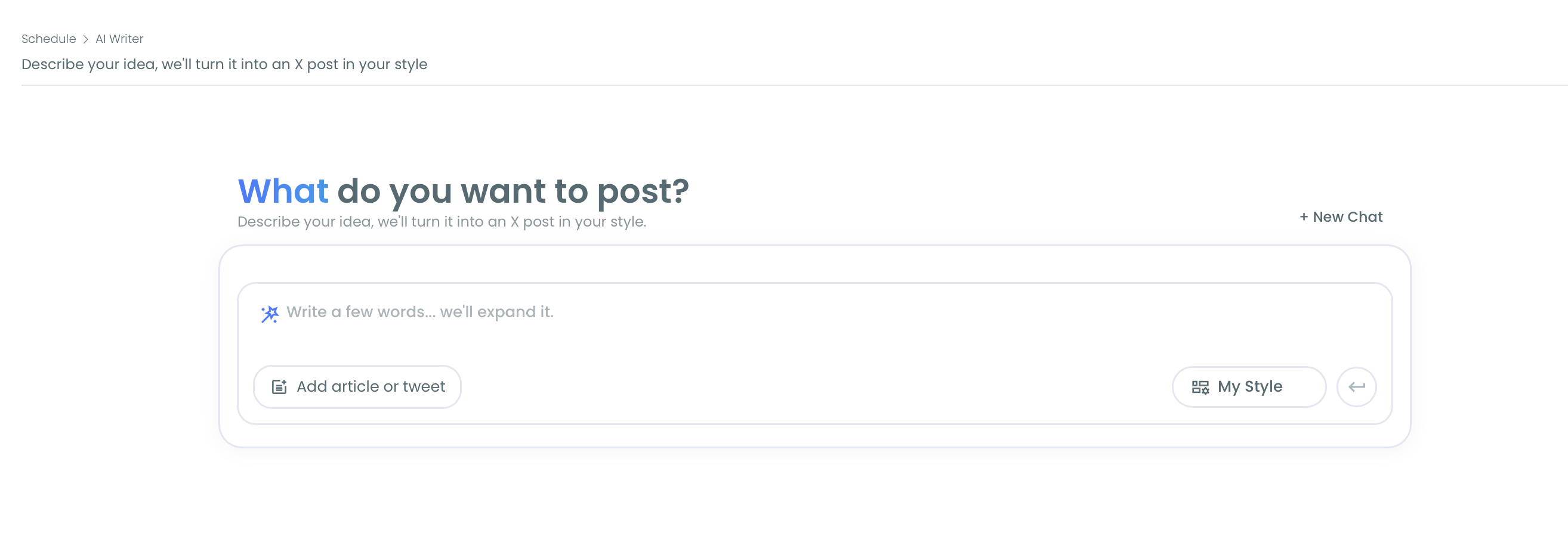 AI Writer start screen with an empty input box and the Add article or tweet and My Style buttons.