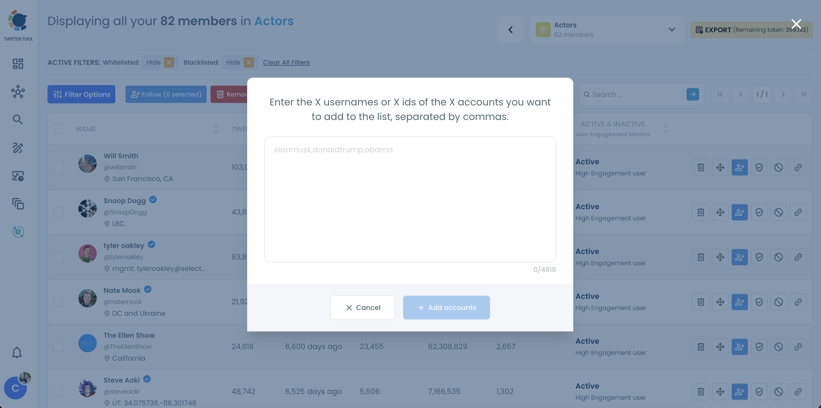 List members screen with the pop-up for pasting X usernames or IDs separated by commas.