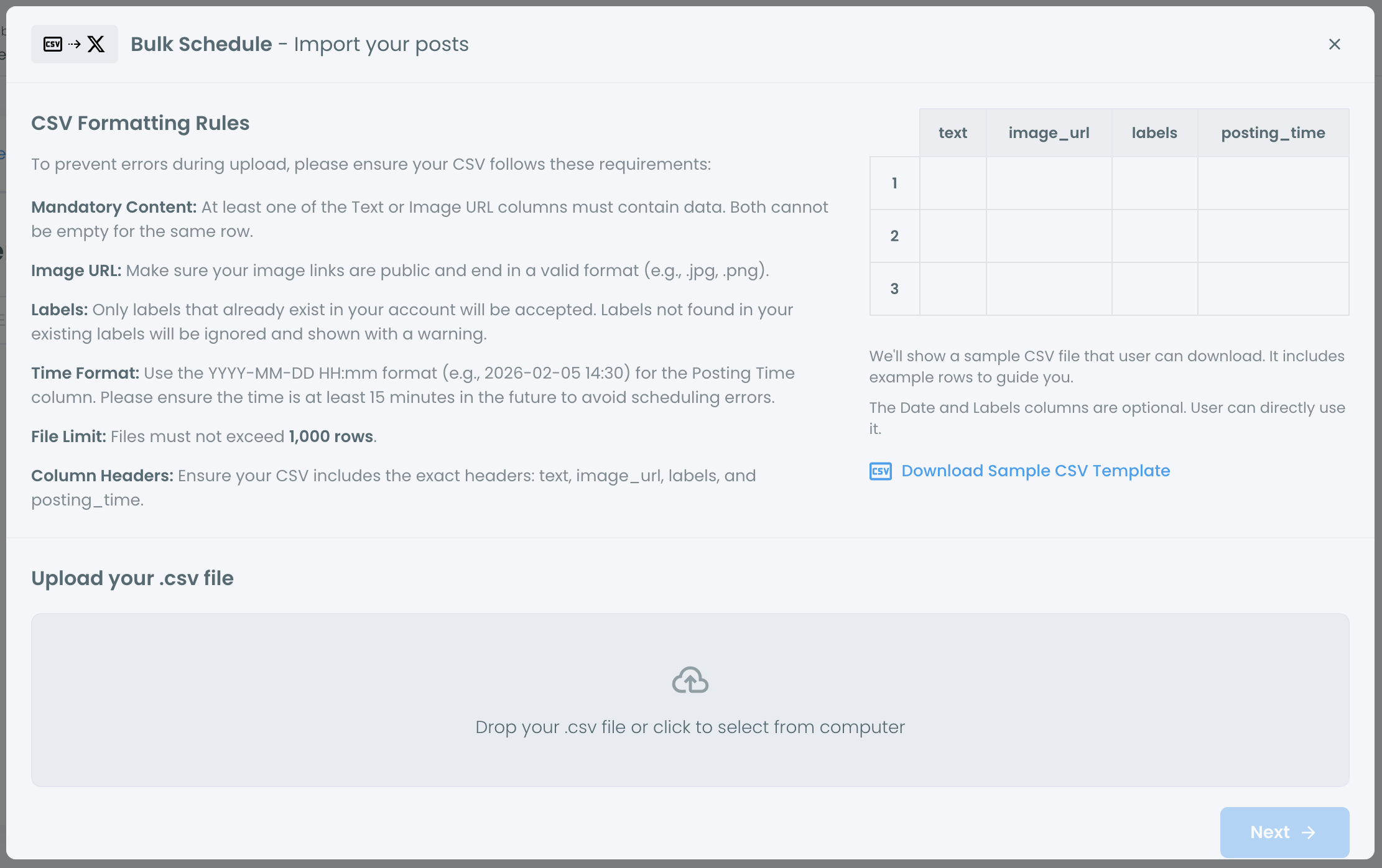 Bulk Schedule import window with the CSV formatting rules, the four column headers and the sample template link.