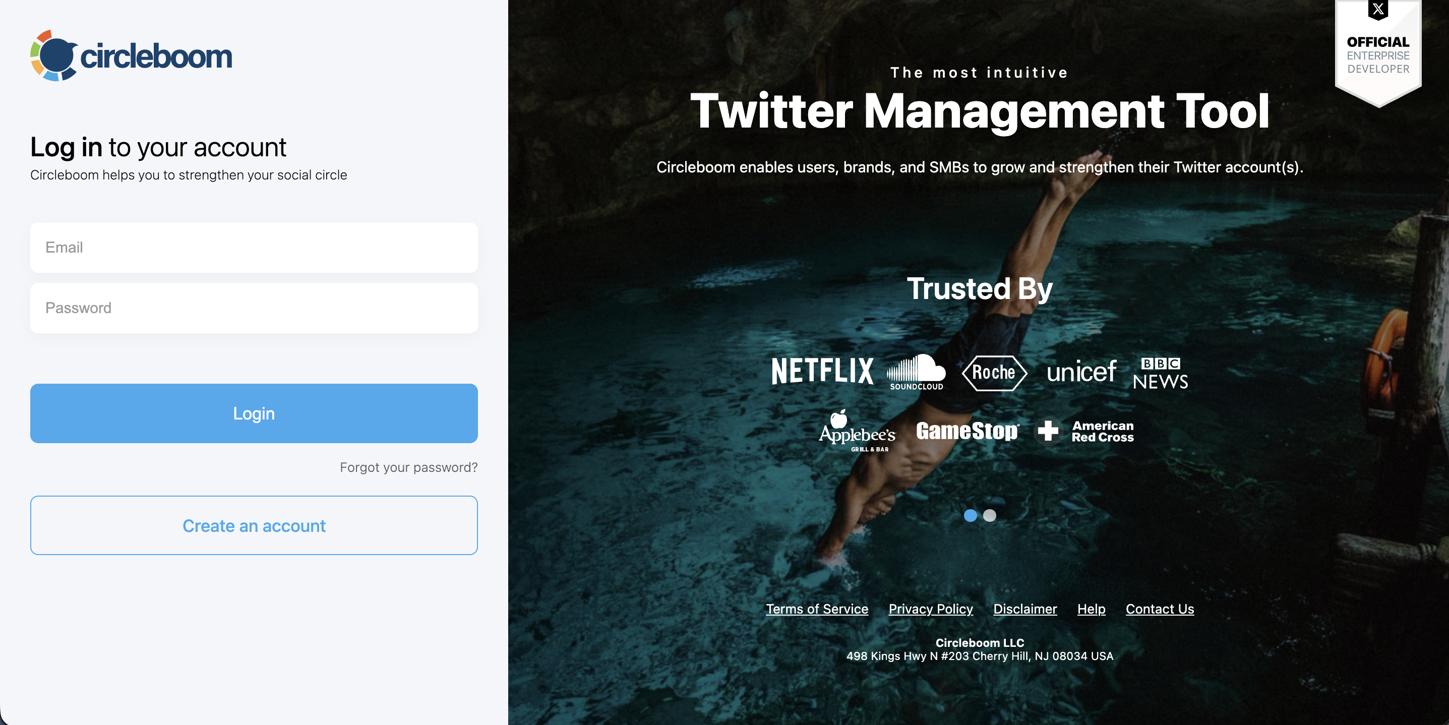 Circleboom Twitter Tool login page with email and password fields