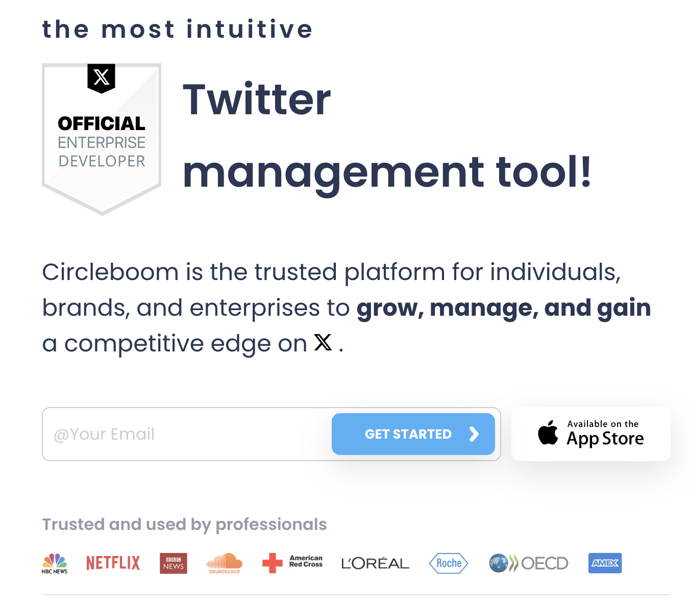 Circleboom Twitter management tool hero banner with the Official X Enterprise Developer badge