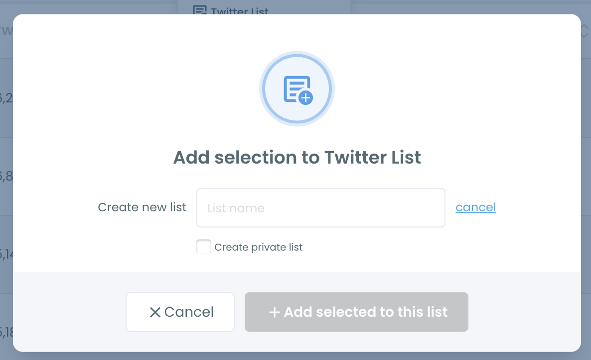 Add selection to Twitter List window in Circleboom with a list name field and the Create private list option.